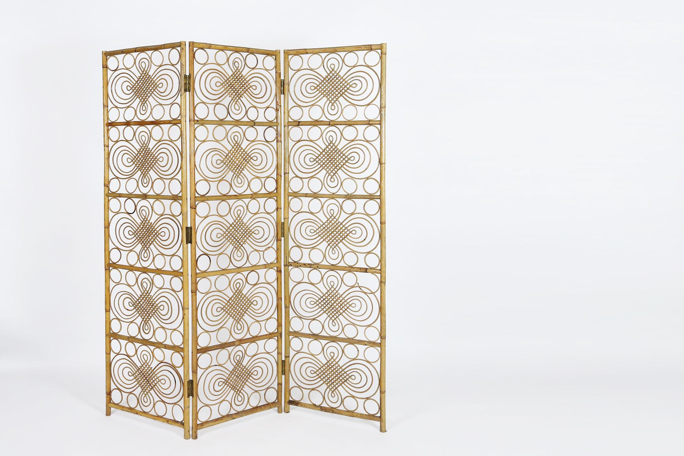 French Riviera Bamboo and Rattan Room Divider or Folding Screen, 1970s In Good Condition In Ghent, BE