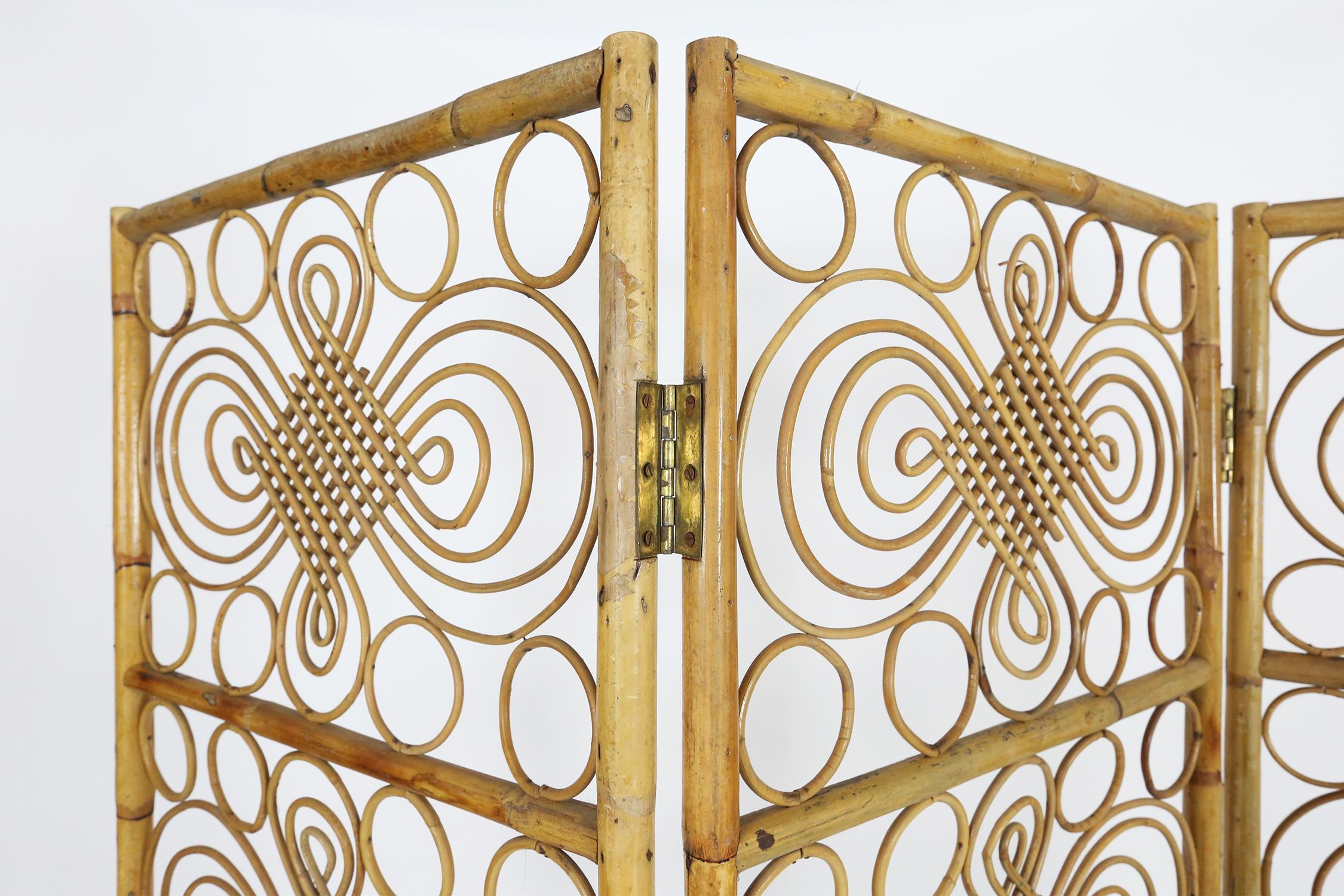 Late 20th Century French Riviera Bamboo and Rattan Room Divider or Folding Screen, 1970s