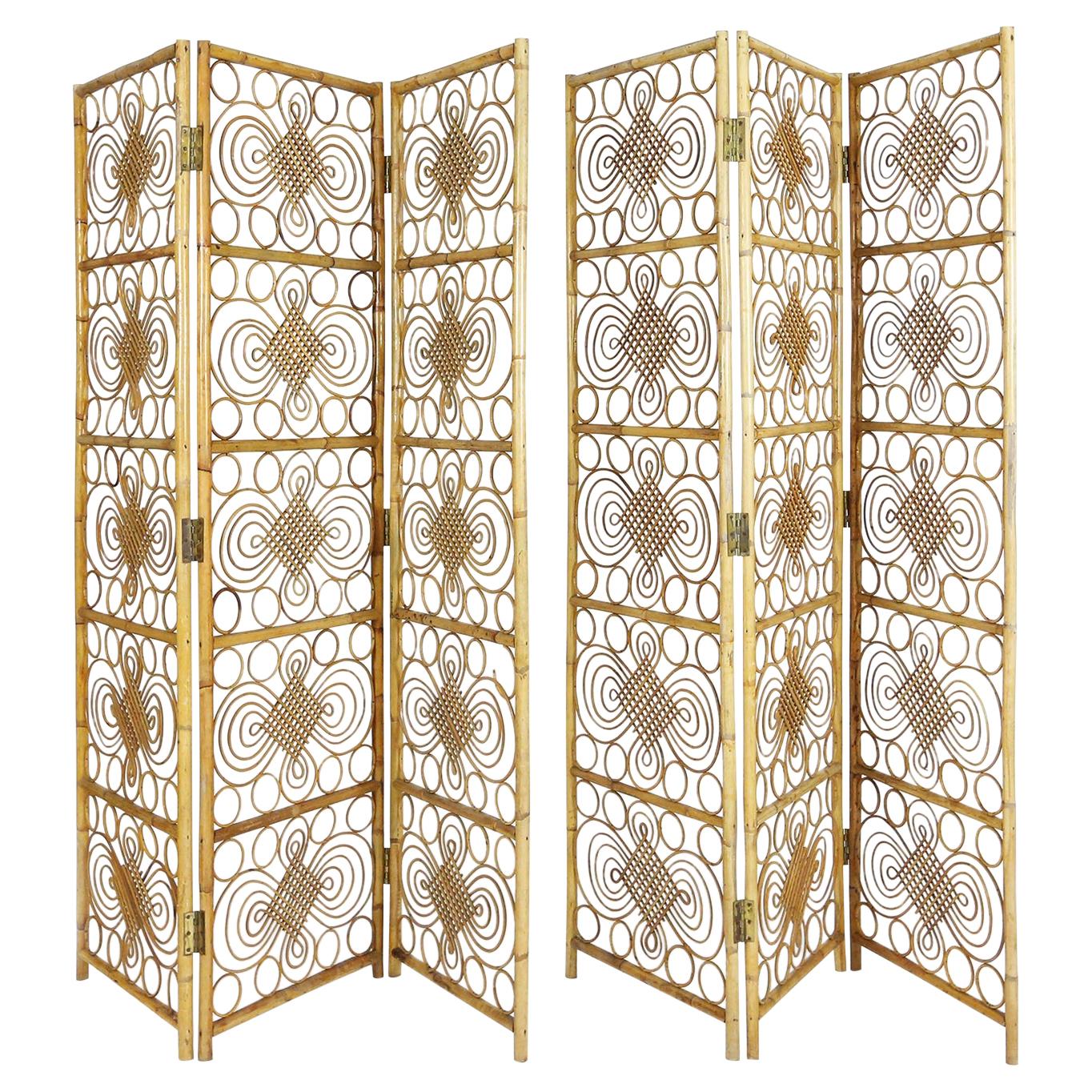 French Riviera Bamboo and Rattan Room Divider or Folding Screen, 1970s