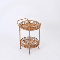 French Riviera Bamboo and Rattan Round Serving Bar Cart Trolley, Italy 1960s