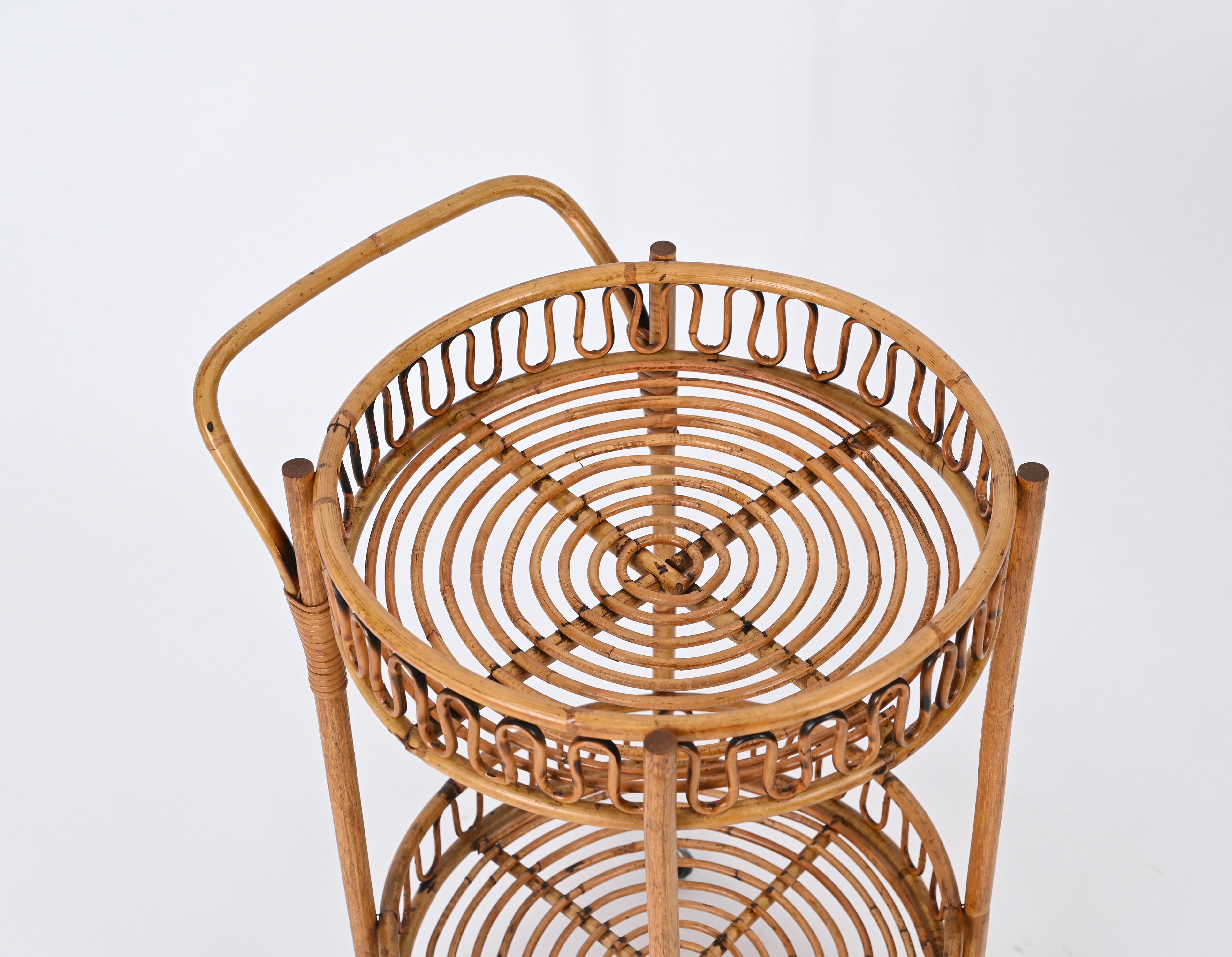 Italian French Riviera Bamboo and Rattan Round Serving Bar Cart Trolley, Italy 1960s For Sale