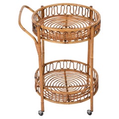French Riviera Bamboo and Rattan Round Serving Bar Cart Trolley, Italy 1960s