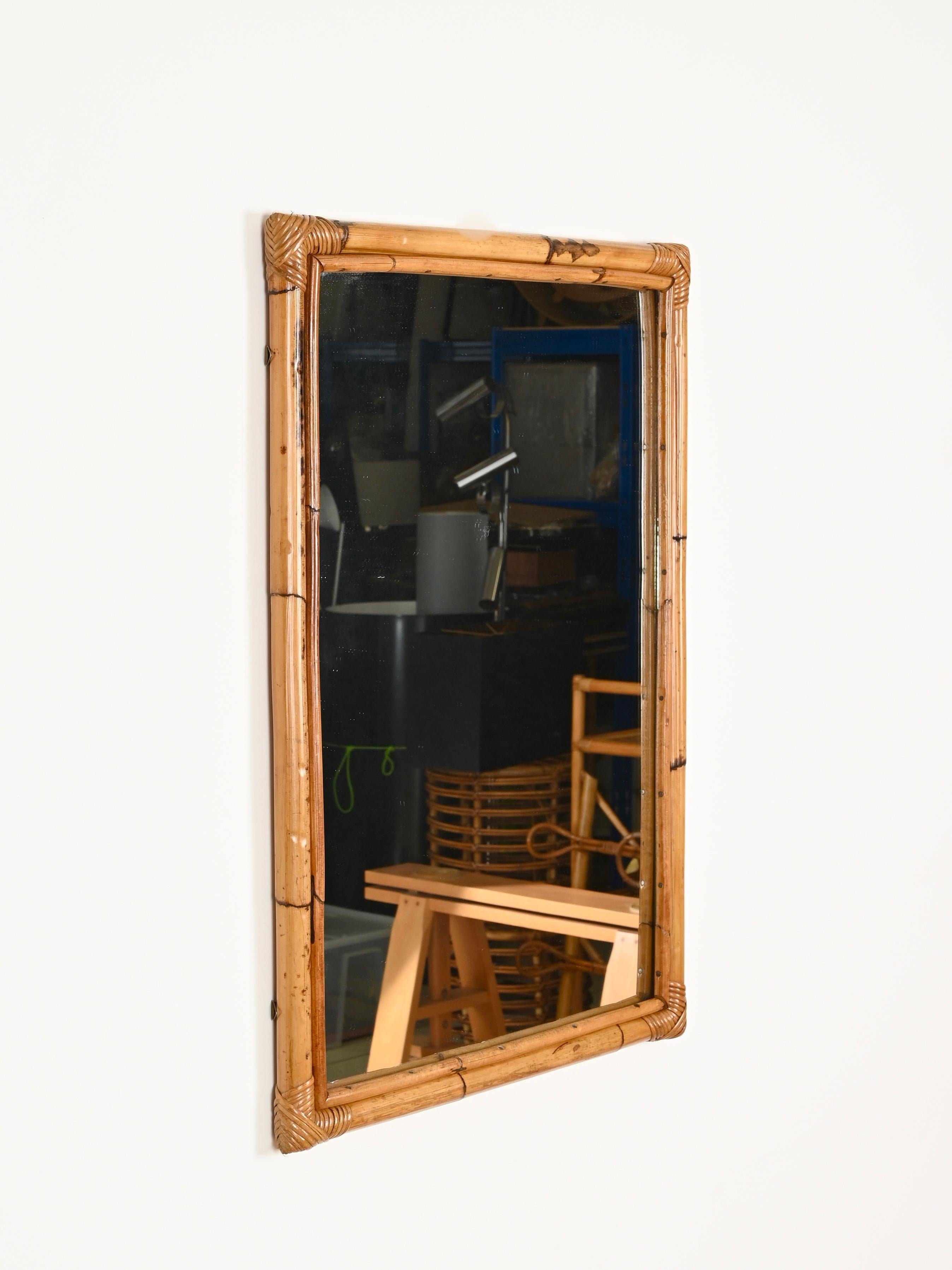 French Riviera Bamboo and Rattan Wicker Large Rectangular Mirror, Italy 1960s For Sale 4