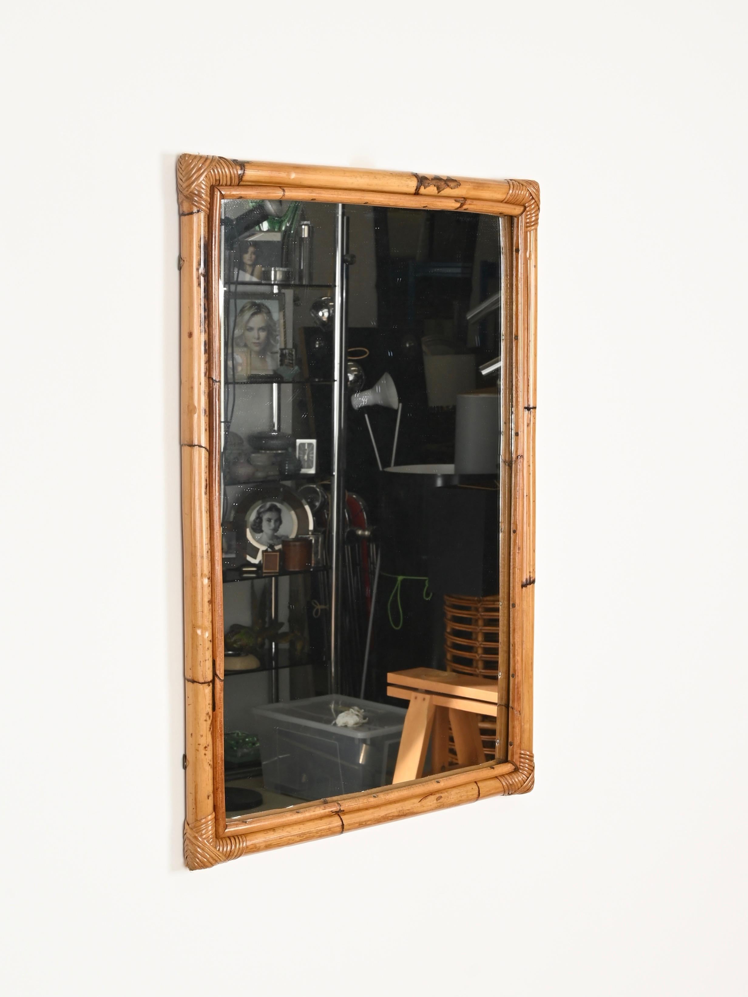 Mid-Century Modern French Riviera Bamboo and Rattan Wicker Large Rectangular Mirror, Italy 1960s For Sale