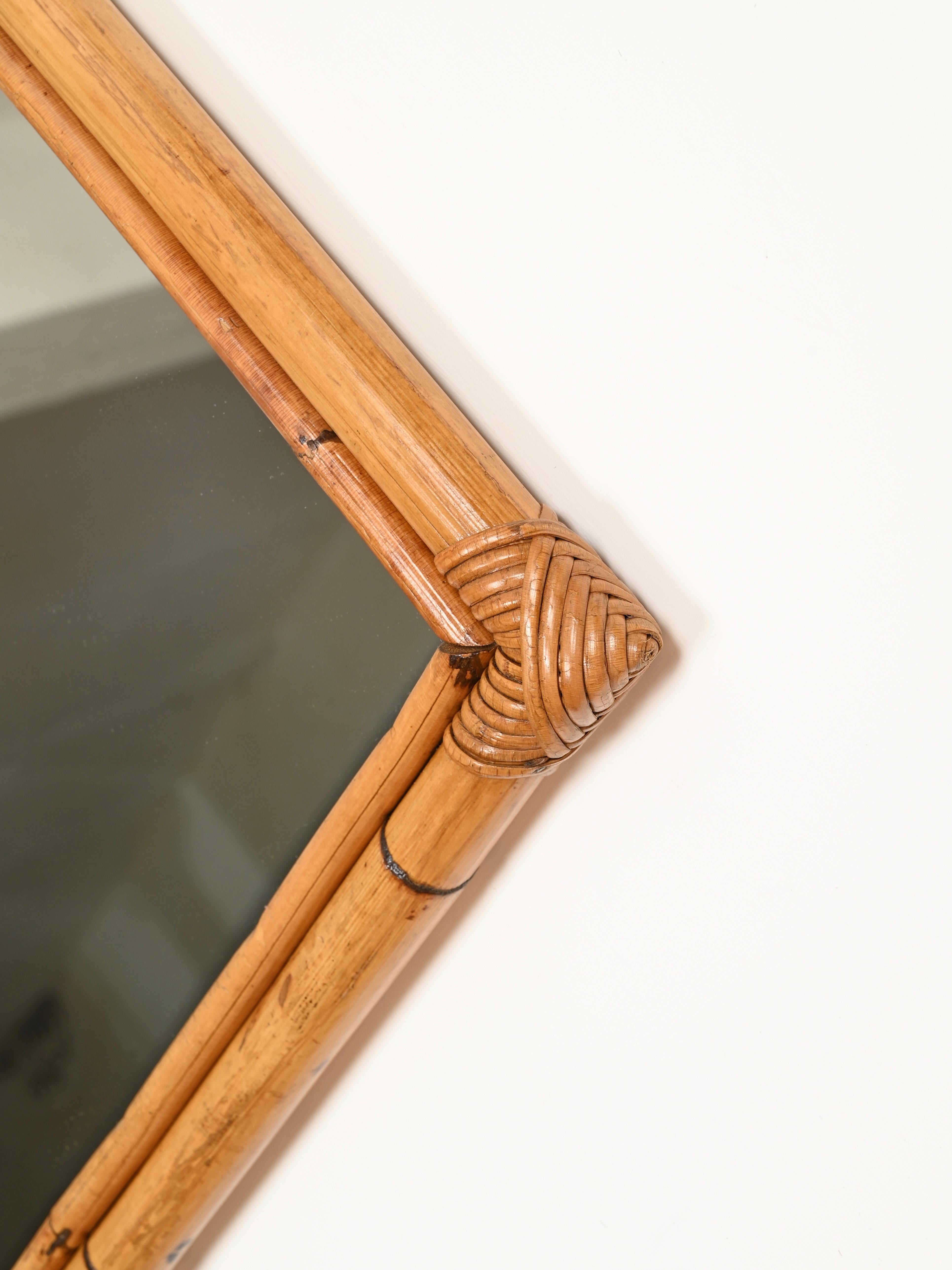 Italian French Riviera Bamboo and Rattan Wicker Large Rectangular Mirror, Italy 1960s For Sale