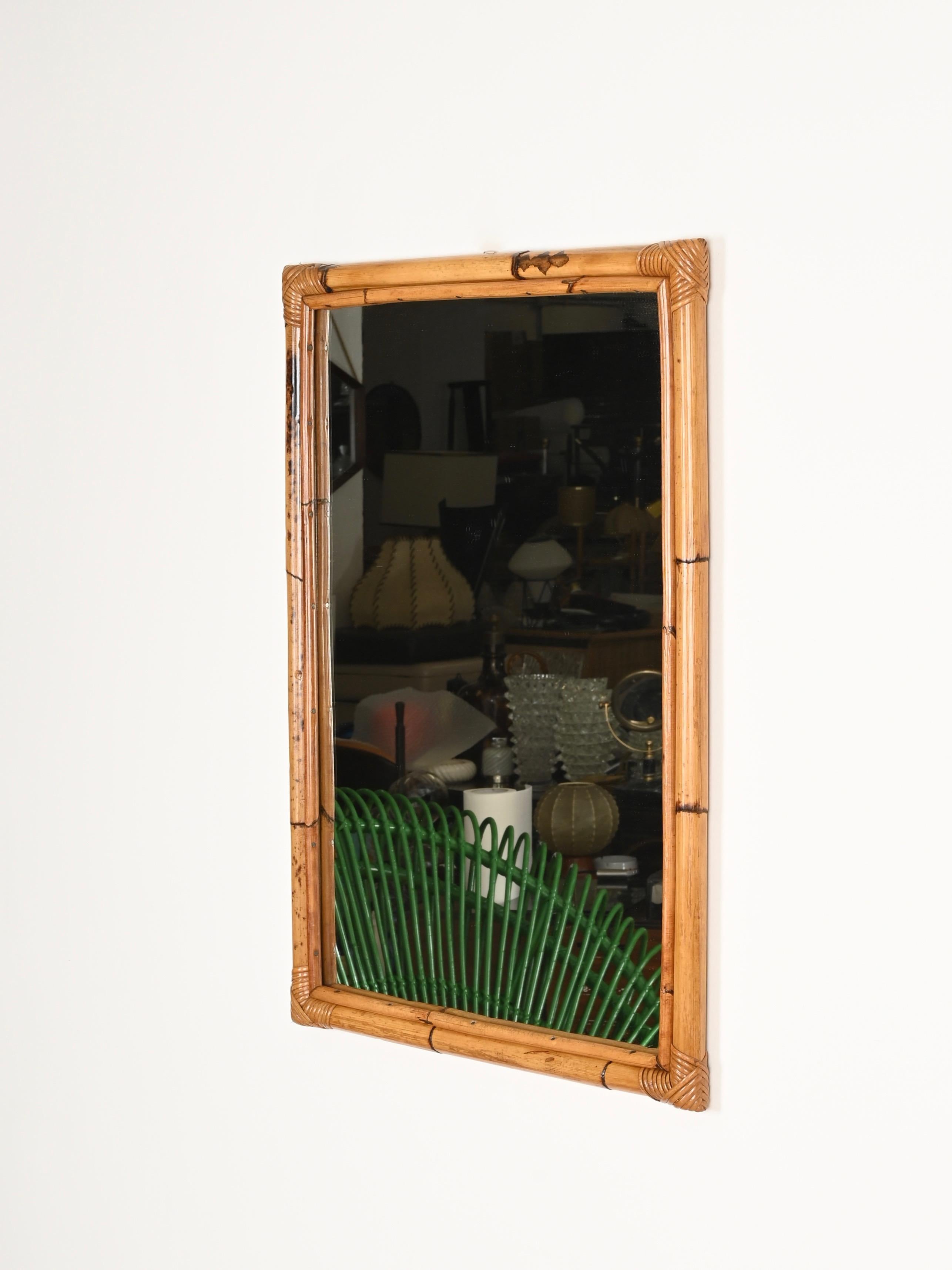 Hand-Crafted French Riviera Bamboo and Rattan Wicker Large Rectangular Mirror, Italy 1960s For Sale