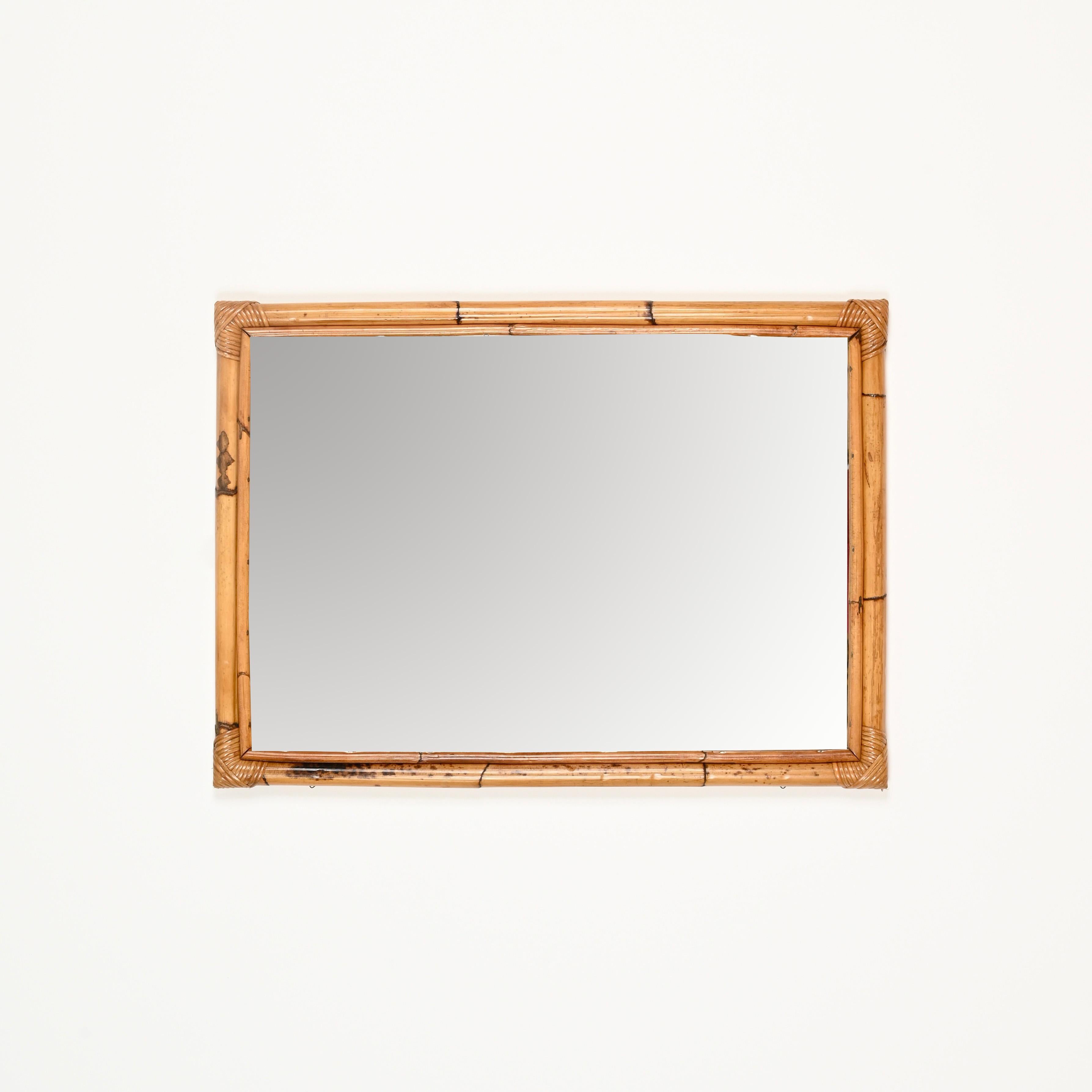 French Riviera Bamboo and Rattan Wicker Large Rectangular Mirror, Italy 1960s In Good Condition For Sale In Roma, IT