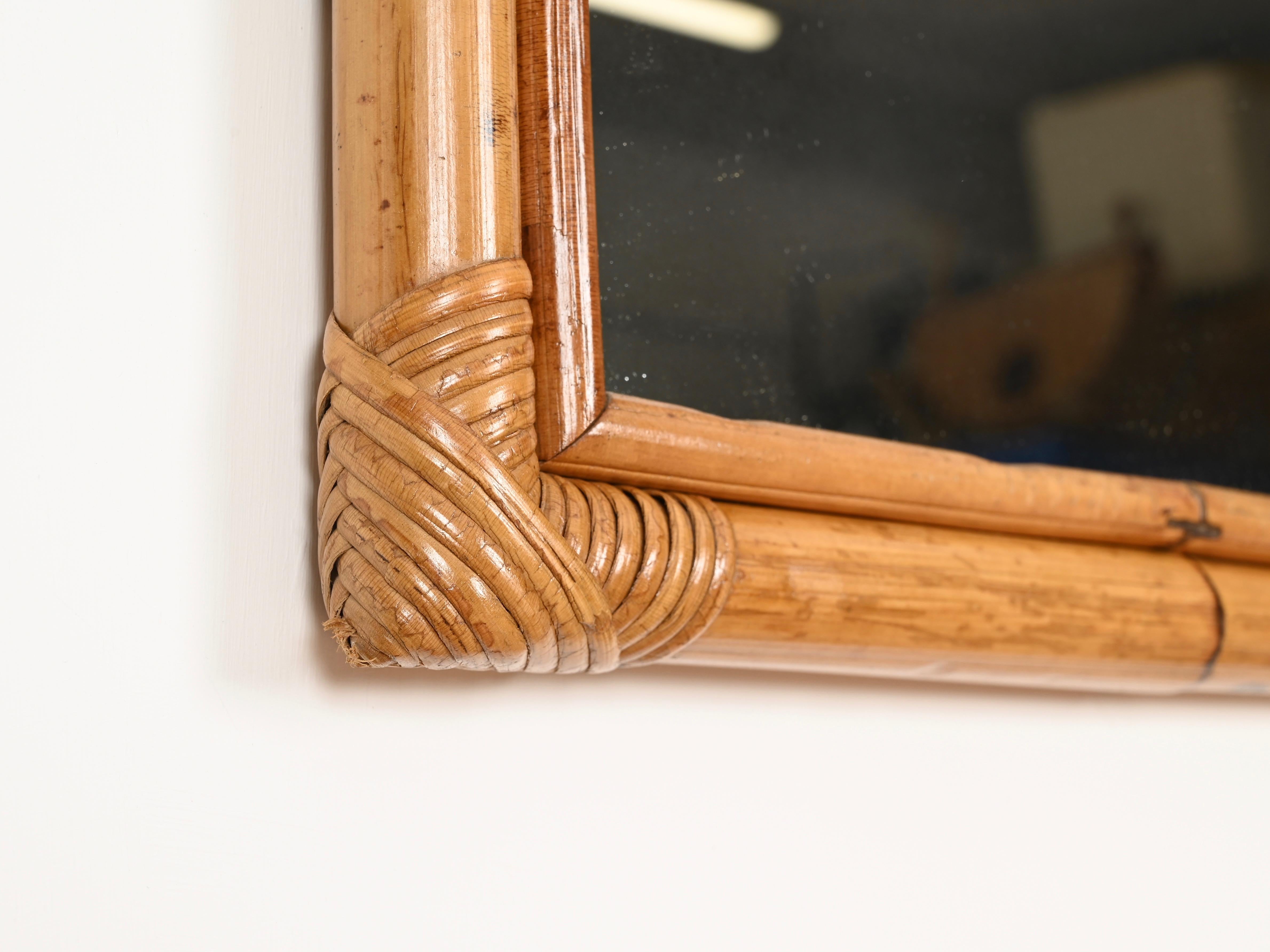 20th Century French Riviera Bamboo and Rattan Wicker Large Rectangular Mirror, Italy 1960s For Sale