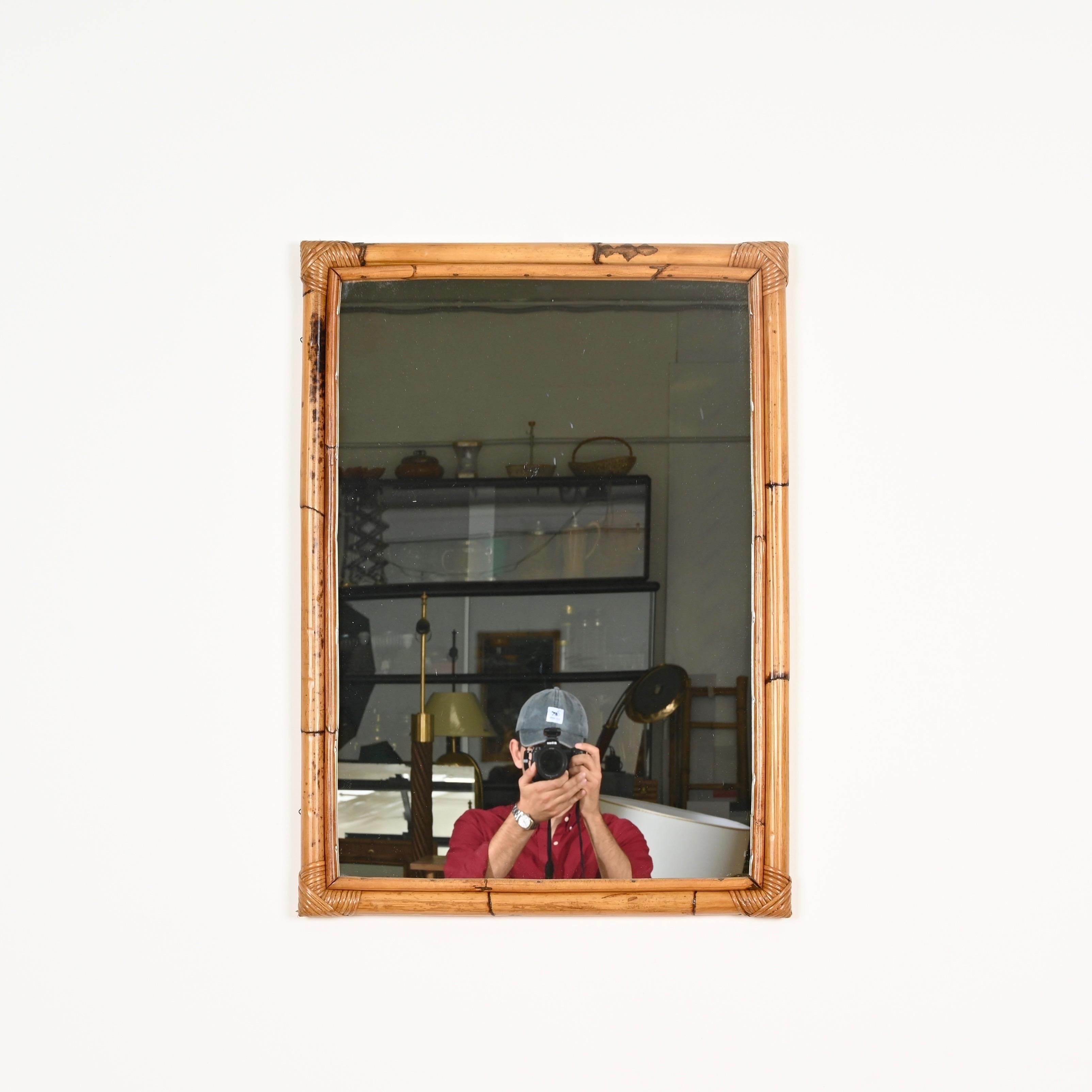 French Riviera Bamboo and Rattan Wicker Large Rectangular Mirror, Italy 1960s For Sale 1