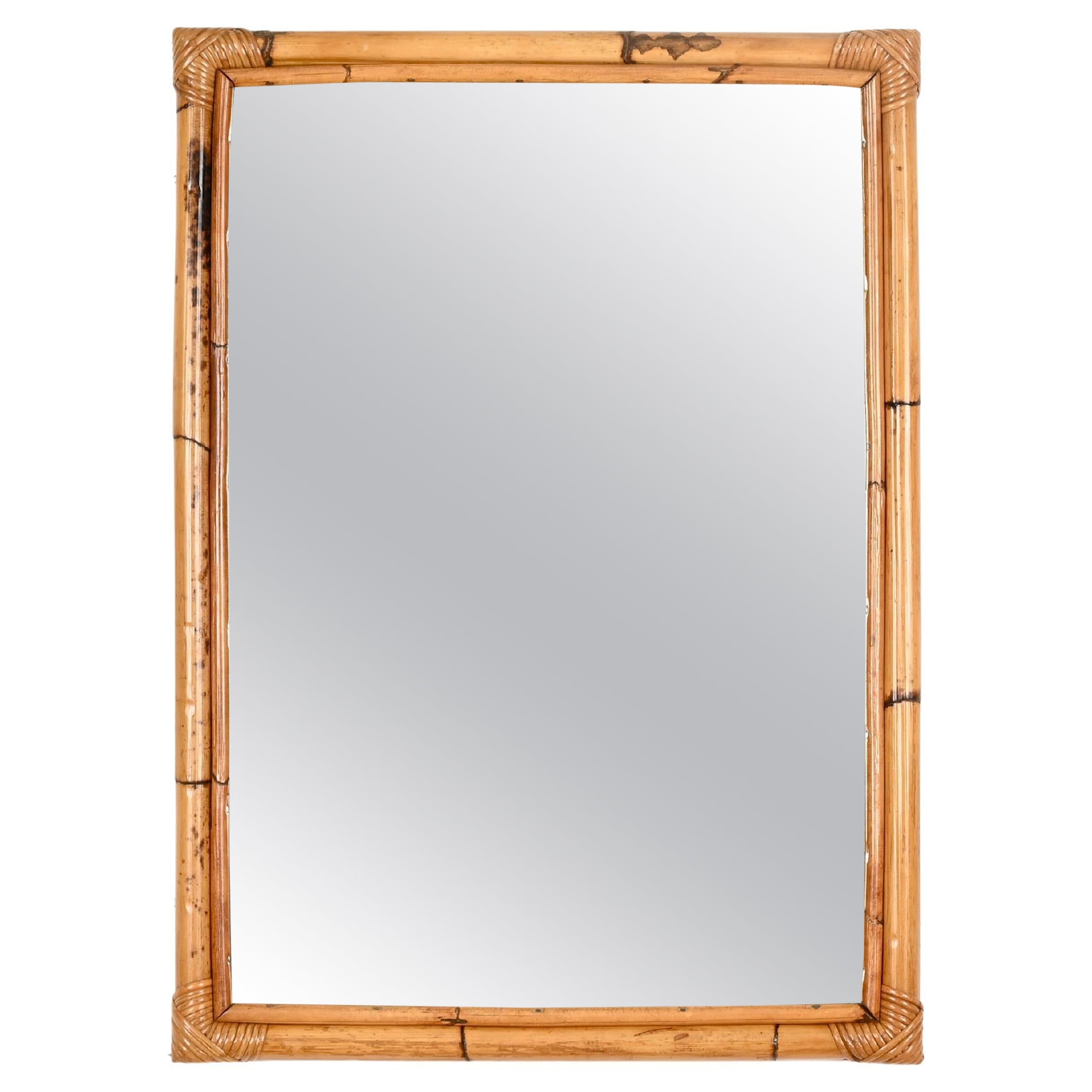 French Riviera Bamboo and Rattan Wicker Large Rectangular Mirror, Italy 1960s For Sale