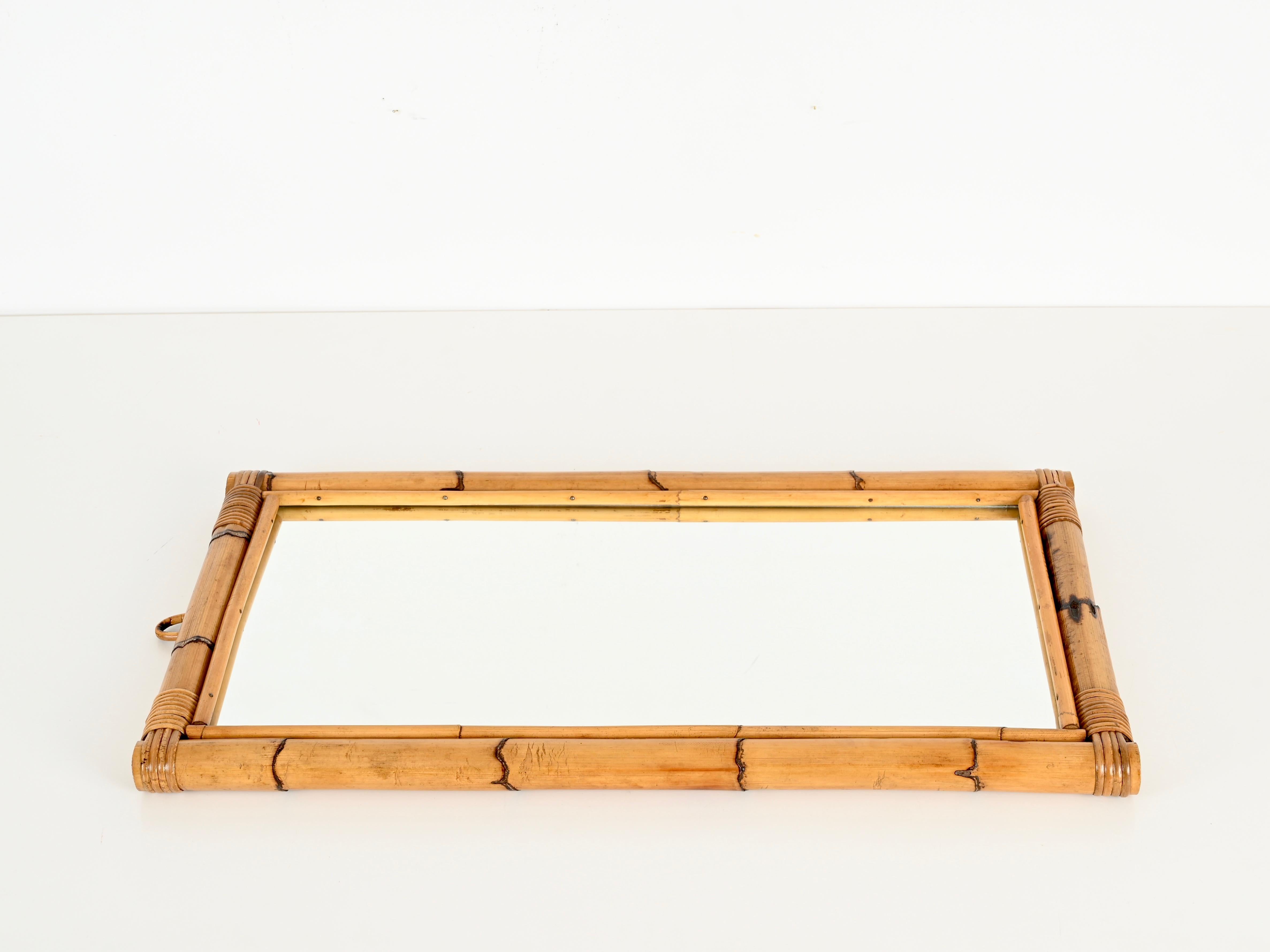 Espejo rectangular de mimbre y bambú de la Riviera francesa, Italia Años 70 en venta 2