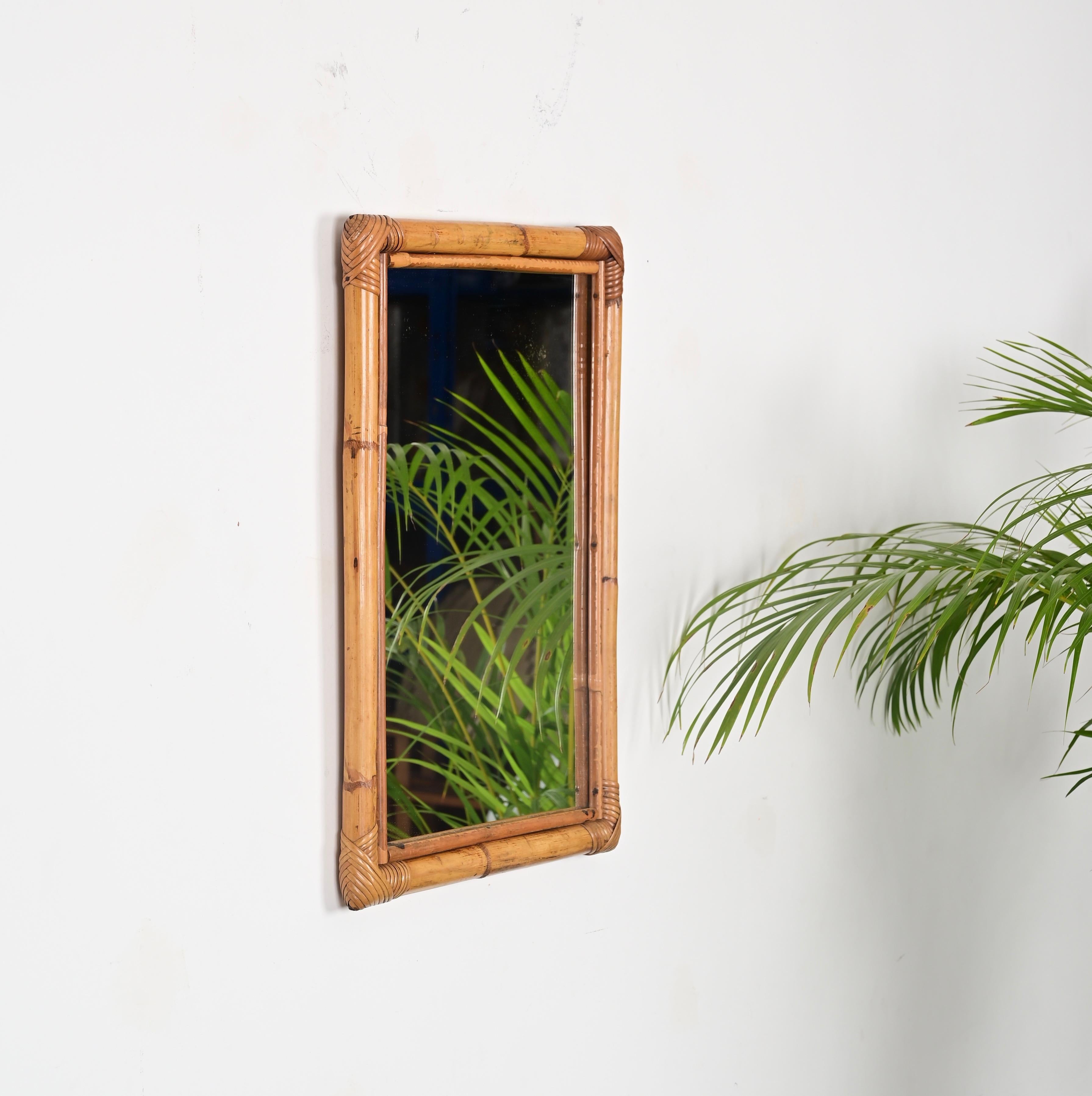 Hand-Woven French Riviera Bamboo and Rattan Wicker Rectangular Mirror, Italy 1970s For Sale