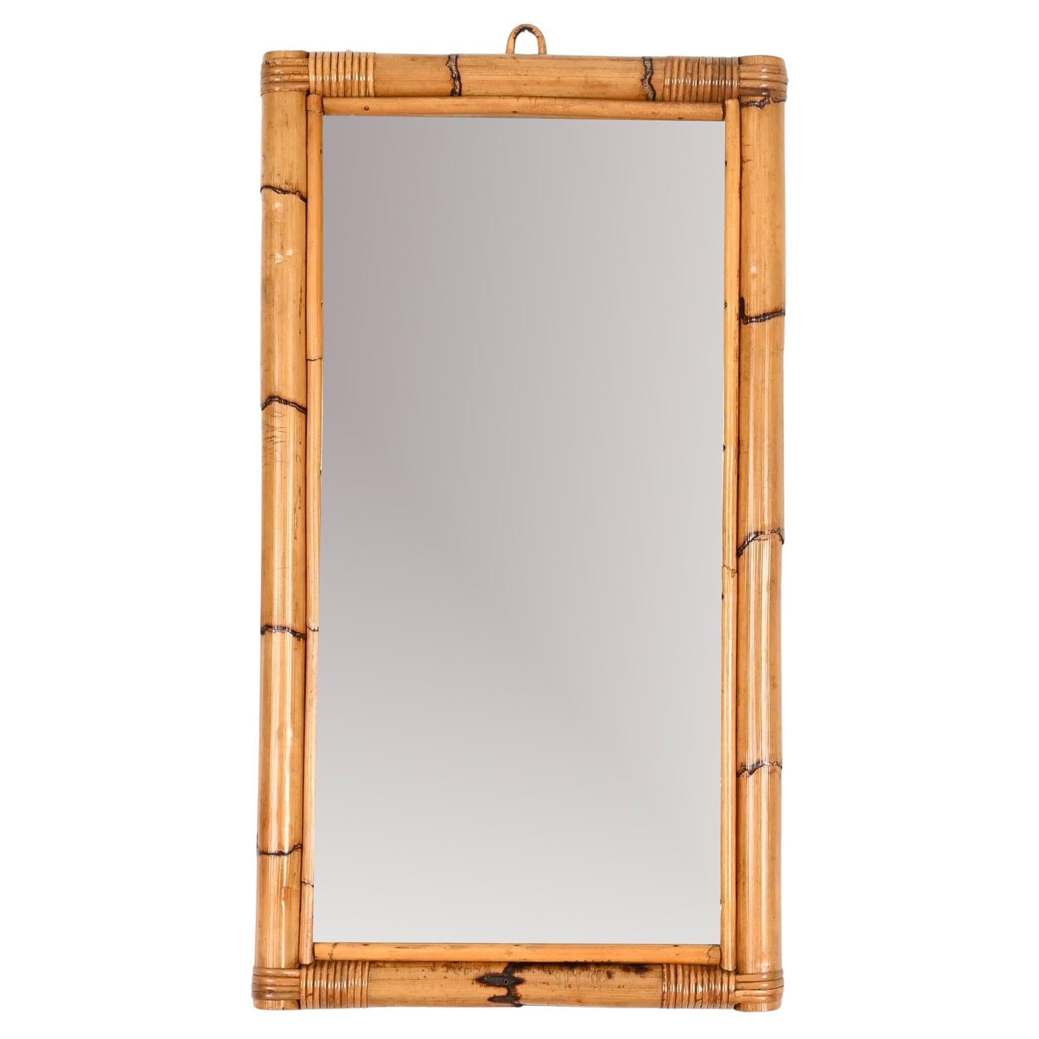 French Riviera Bamboo and Rattan Wicker Rectangular Mirror, Italy 1970s