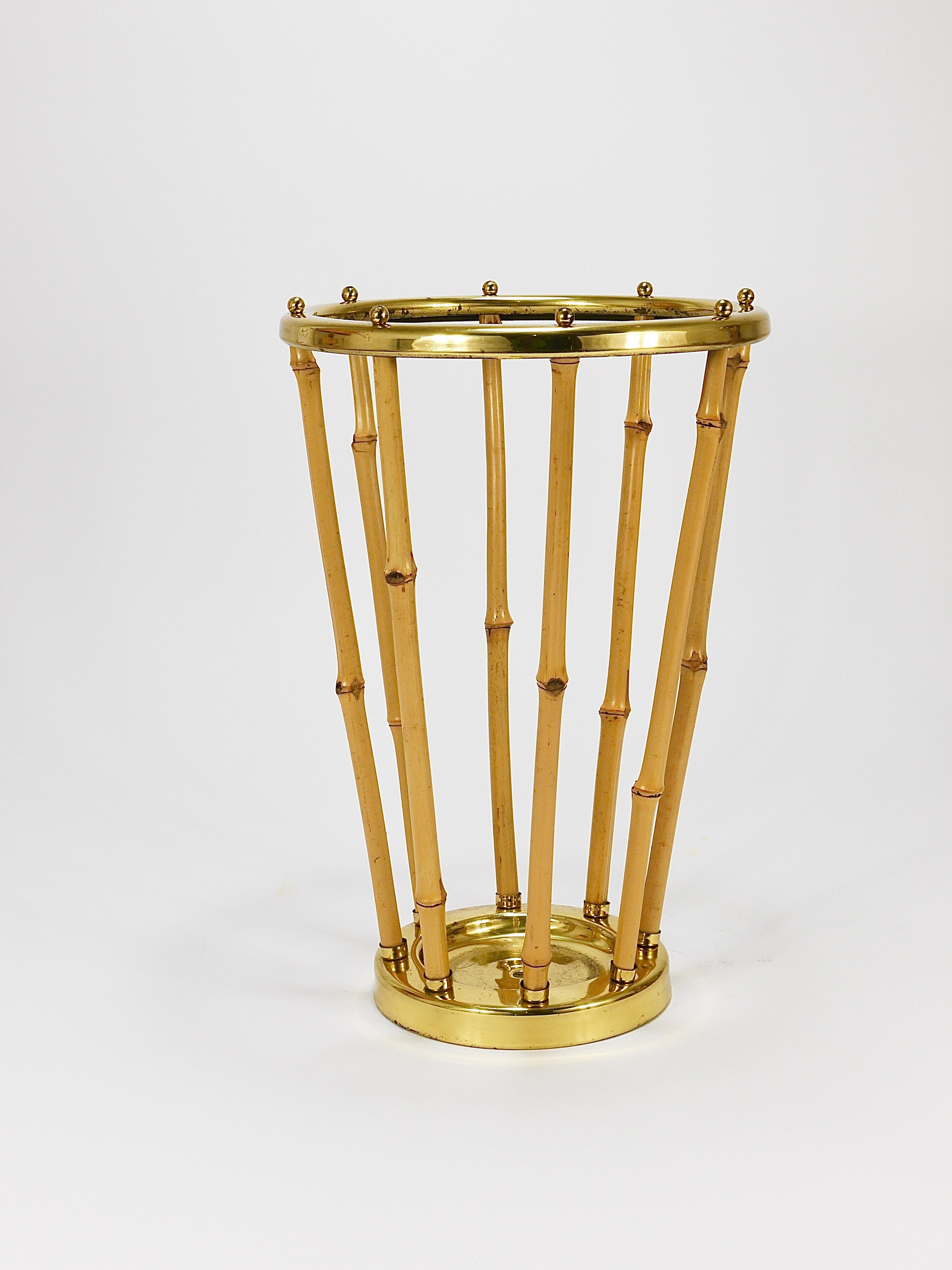 Mid-Century Modern French Riviera Bamboo & Brass Midcentury Umbrella Stand, Austria, 1950s For Sale