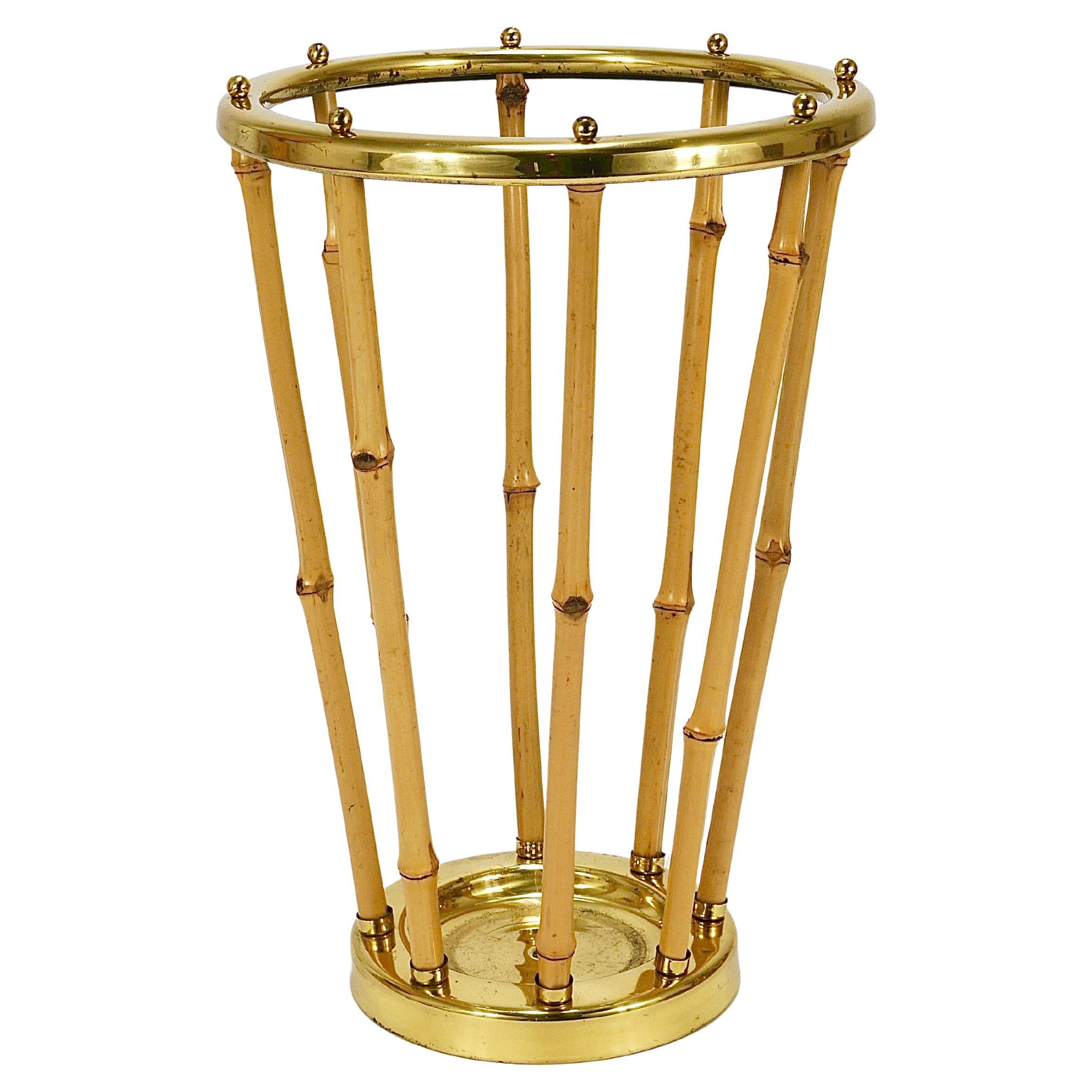 French Riviera Bamboo & Brass Midcentury Umbrella Stand, Austria, 1950s