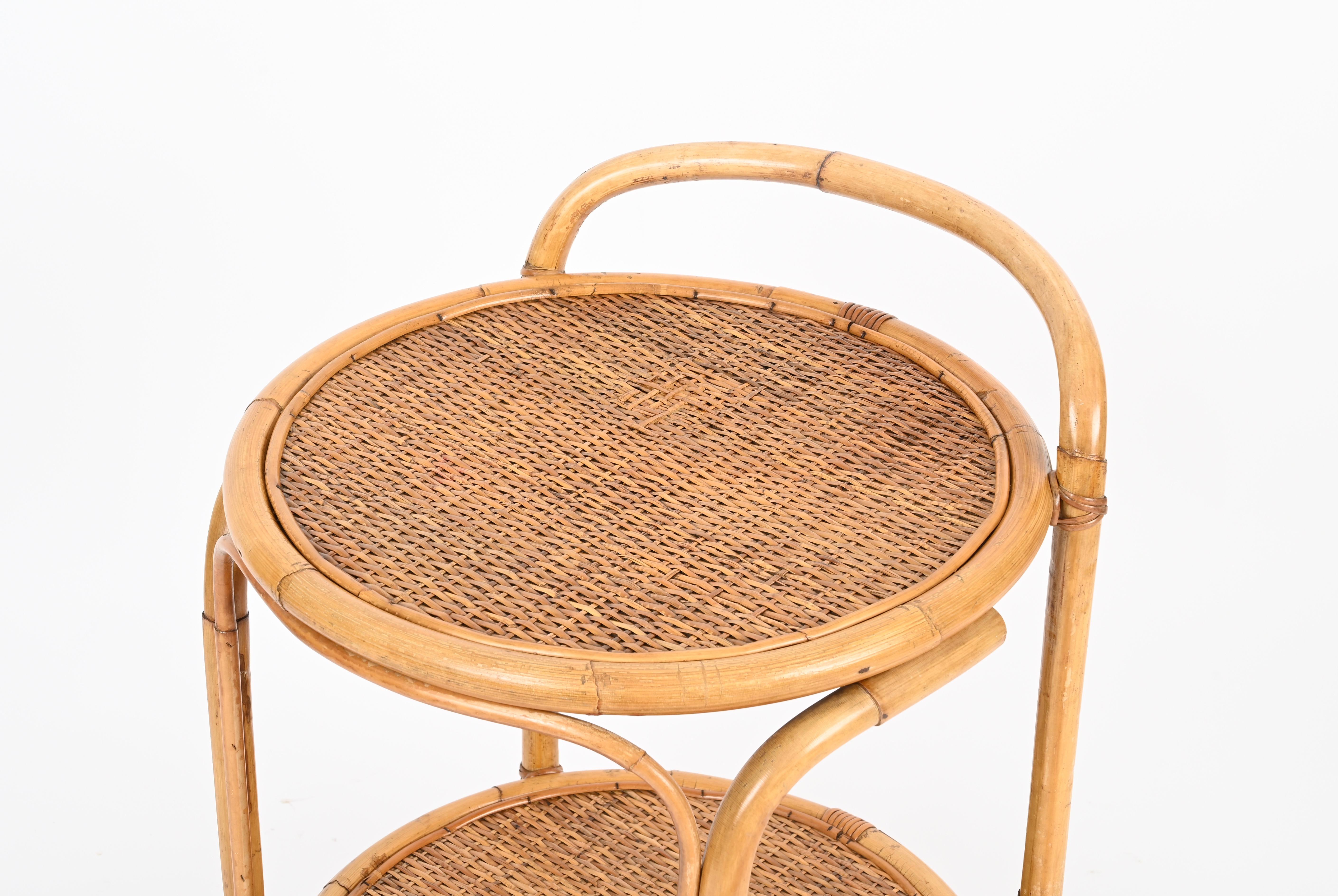 French Riviera Bamboo, Rattan and Brass Round Serving Bar Cart, Italy 1960s For Sale 4