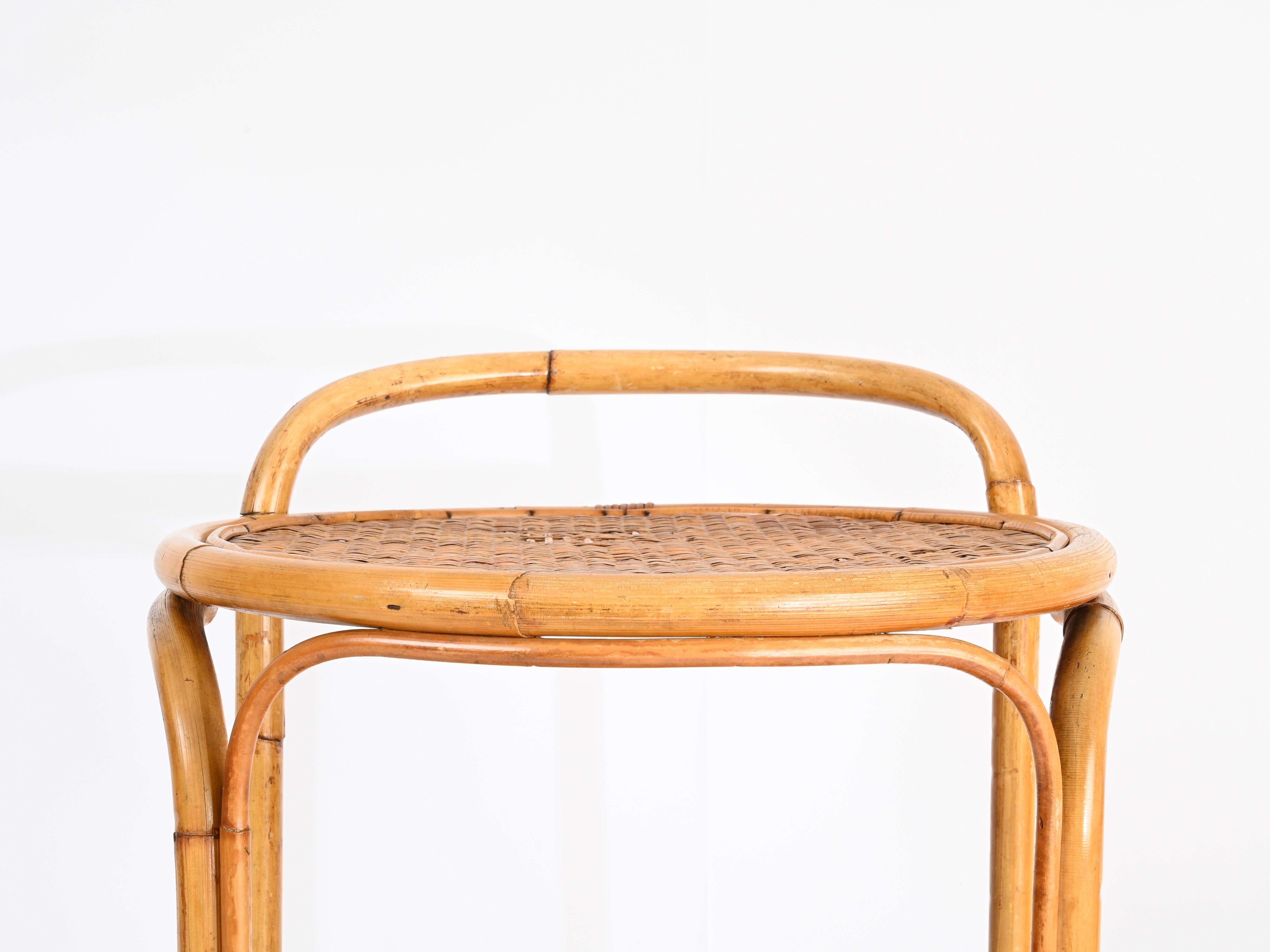 French Riviera Bamboo, Rattan and Brass Round Serving Bar Cart, Italy 1960s For Sale 5