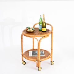 French Riviera Bamboo, Rattan and Brass Round Serving Bar Cart, Italy 1960s