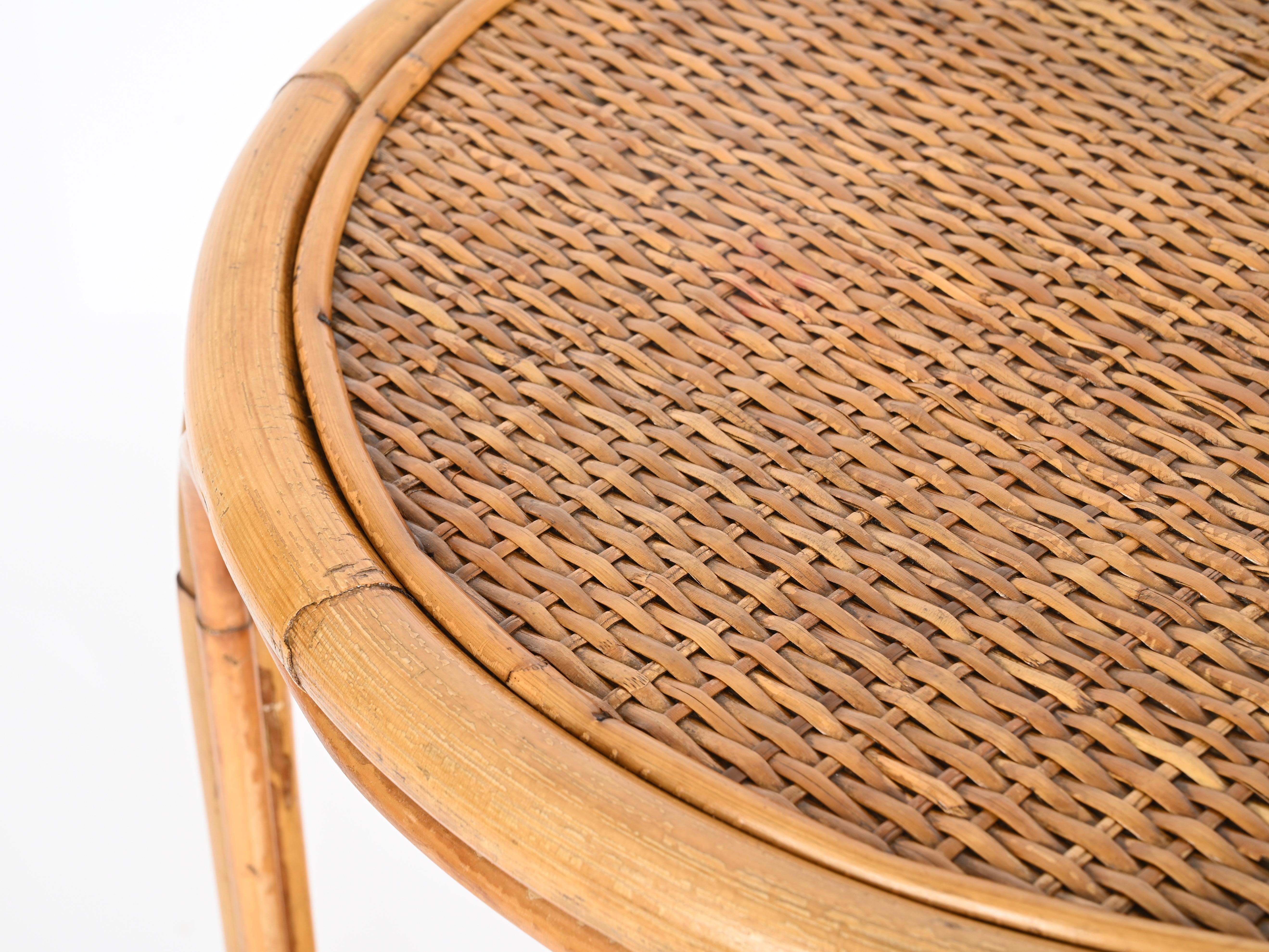 Italian French Riviera Bamboo, Rattan and Brass Round Serving Bar Cart, Italy 1960s For Sale