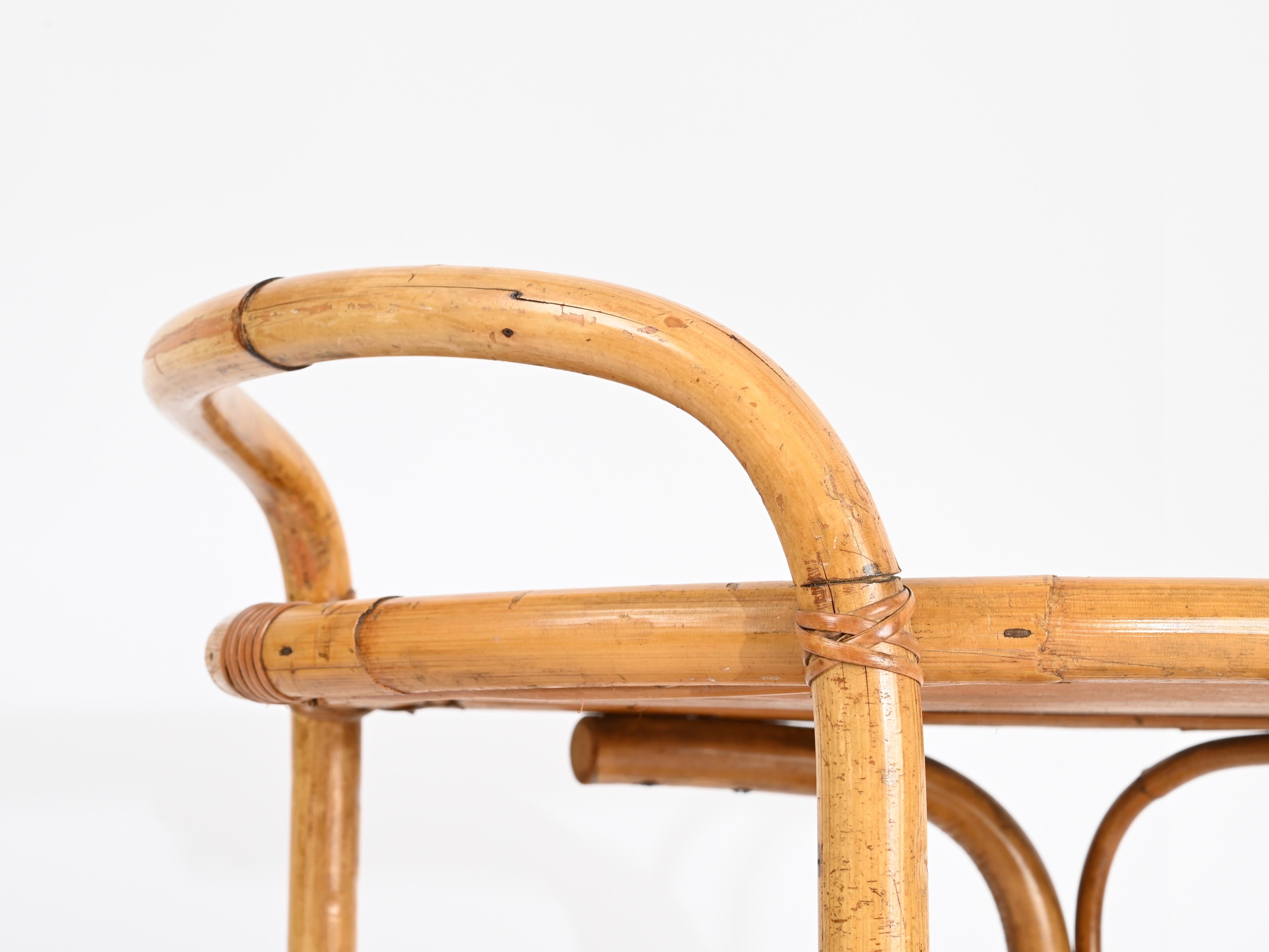 French Riviera Bamboo, Rattan and Brass Round Serving Bar Cart, Italy 1960s For Sale 2
