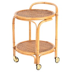 Vintage French Riviera Bamboo, Rattan and Brass Round Serving Bar Cart, Italy 1960s
