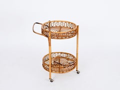French Riviera Bamboo, Rattan and Wicker Round Serving Bar Cart, Italy 1960s