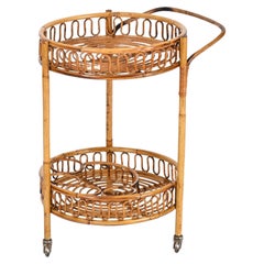 Carrello da bar rotondo in bambù, rattan e vimini della Costa Azzurra, Italia 1960