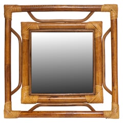 Espejo de pared cuadrado de bambú y ratán de la Costa Azul, década de 1960
