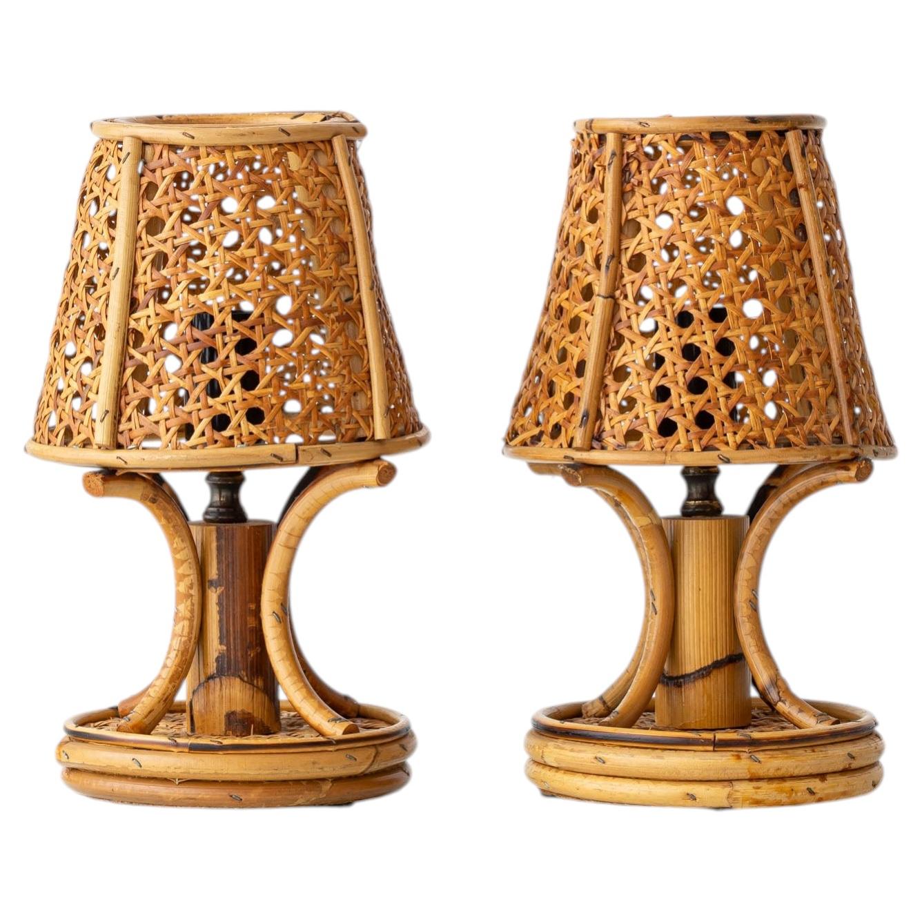 French Riviera Bamboo Rattan Table Lamps, Pair, Vienna Straw Shades, 1960s