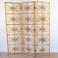 French Riviera Bamboo Wicker Rattan Screen Room Divider, Three-Panel Folder
