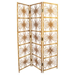 French Riviera Bamboo Wicker Rattan Screen Room Divider, Three-Panel Folder
