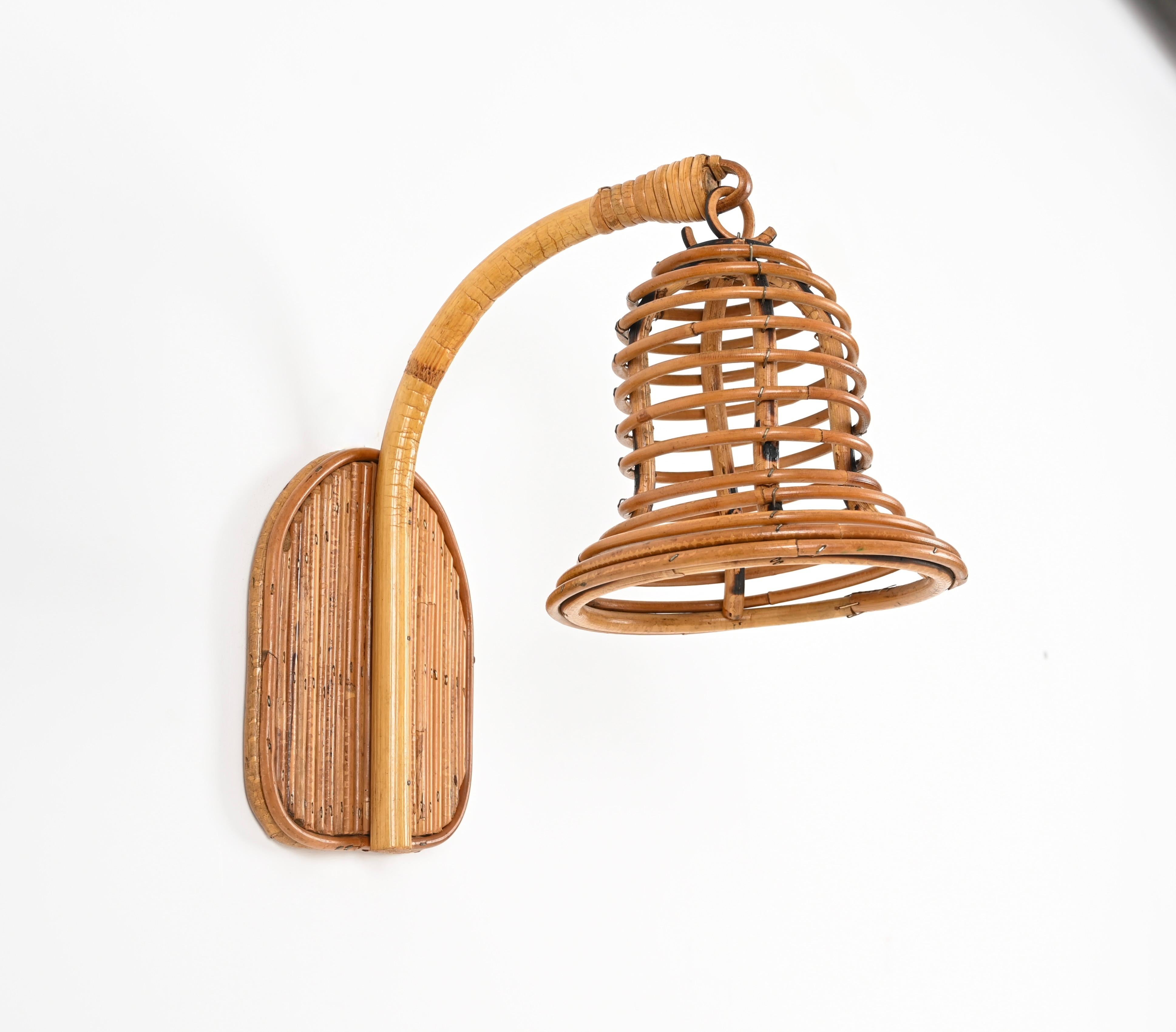 French Riviera Bell-Shaped Rattan and Wicker Sconce, Louis Sognot, France 1960s 3