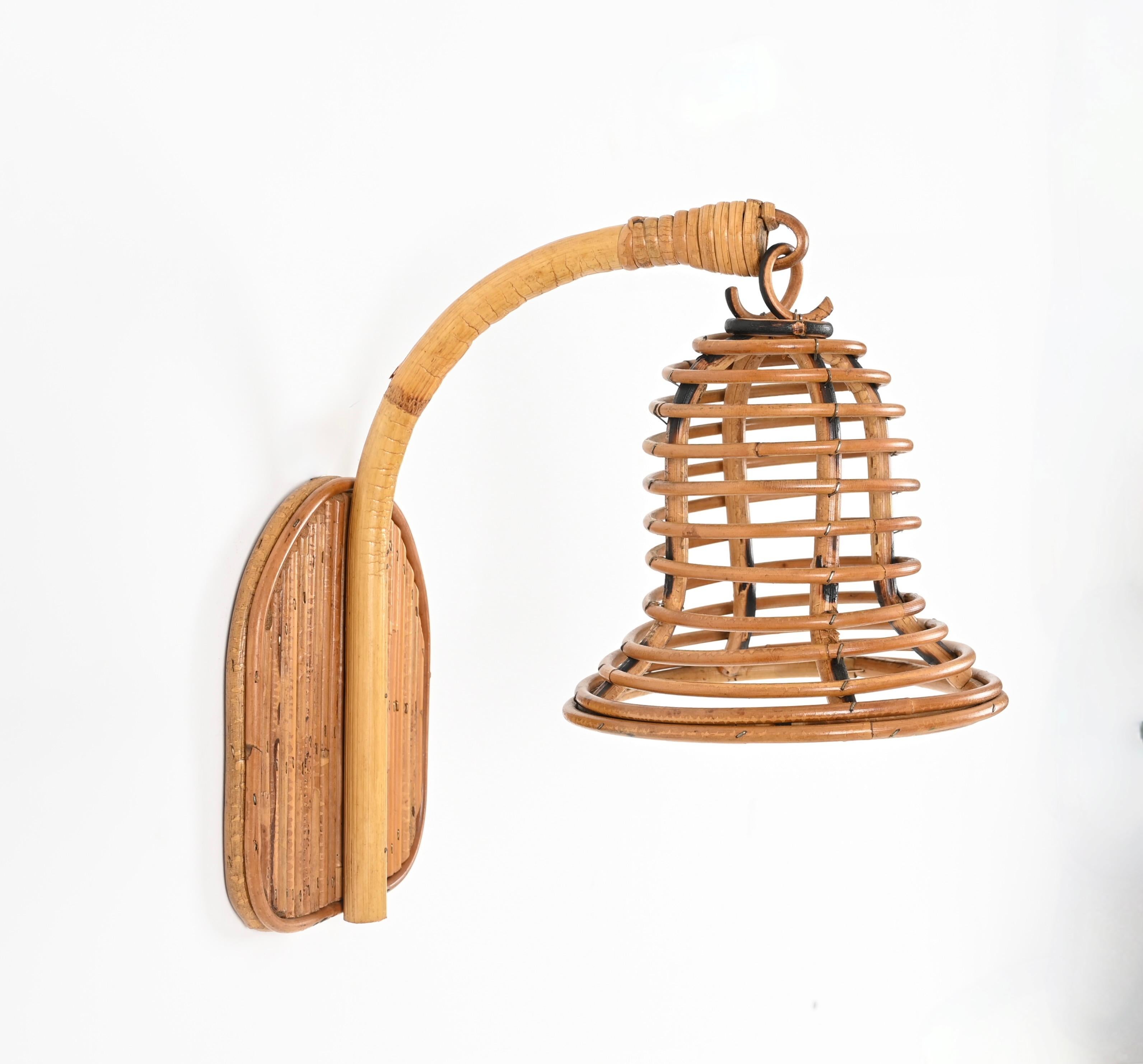 French Riviera Bell-Shaped Rattan and Wicker Sconce, Louis Sognot, France 1960s 6