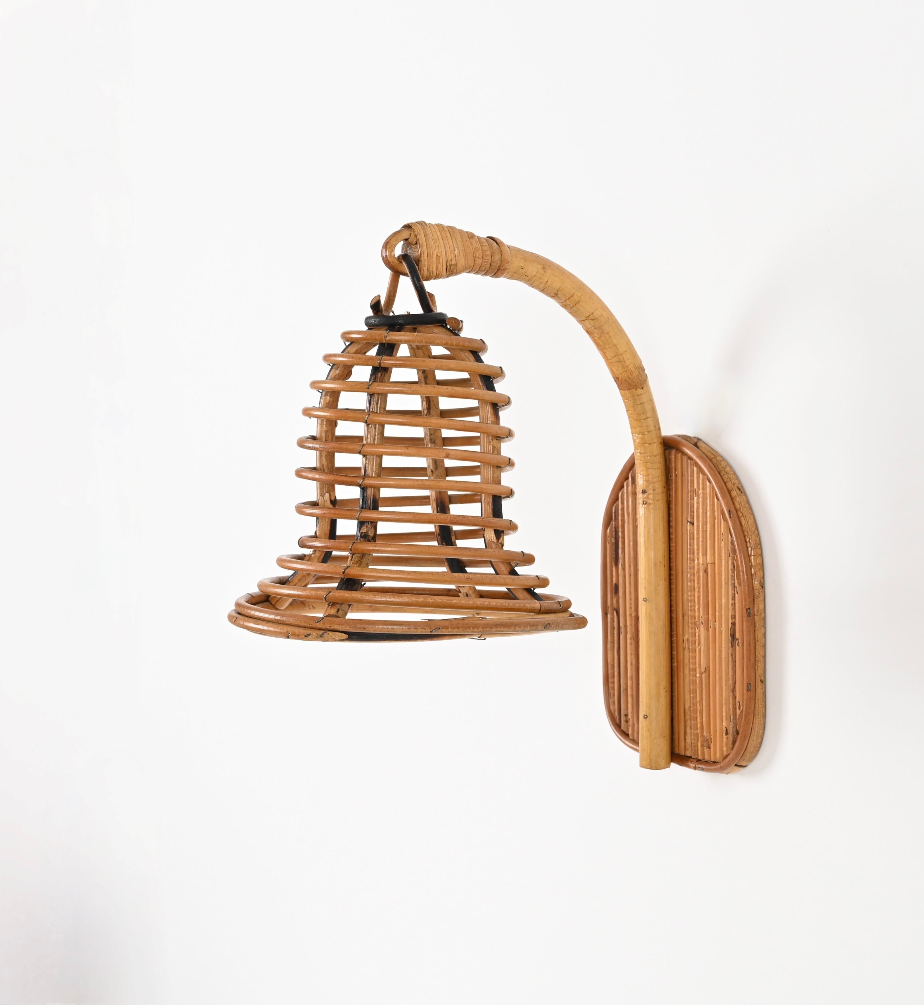 French Riviera Bell-Shaped Rattan and Wicker Sconce, Louis Sognot, France 1960s 7