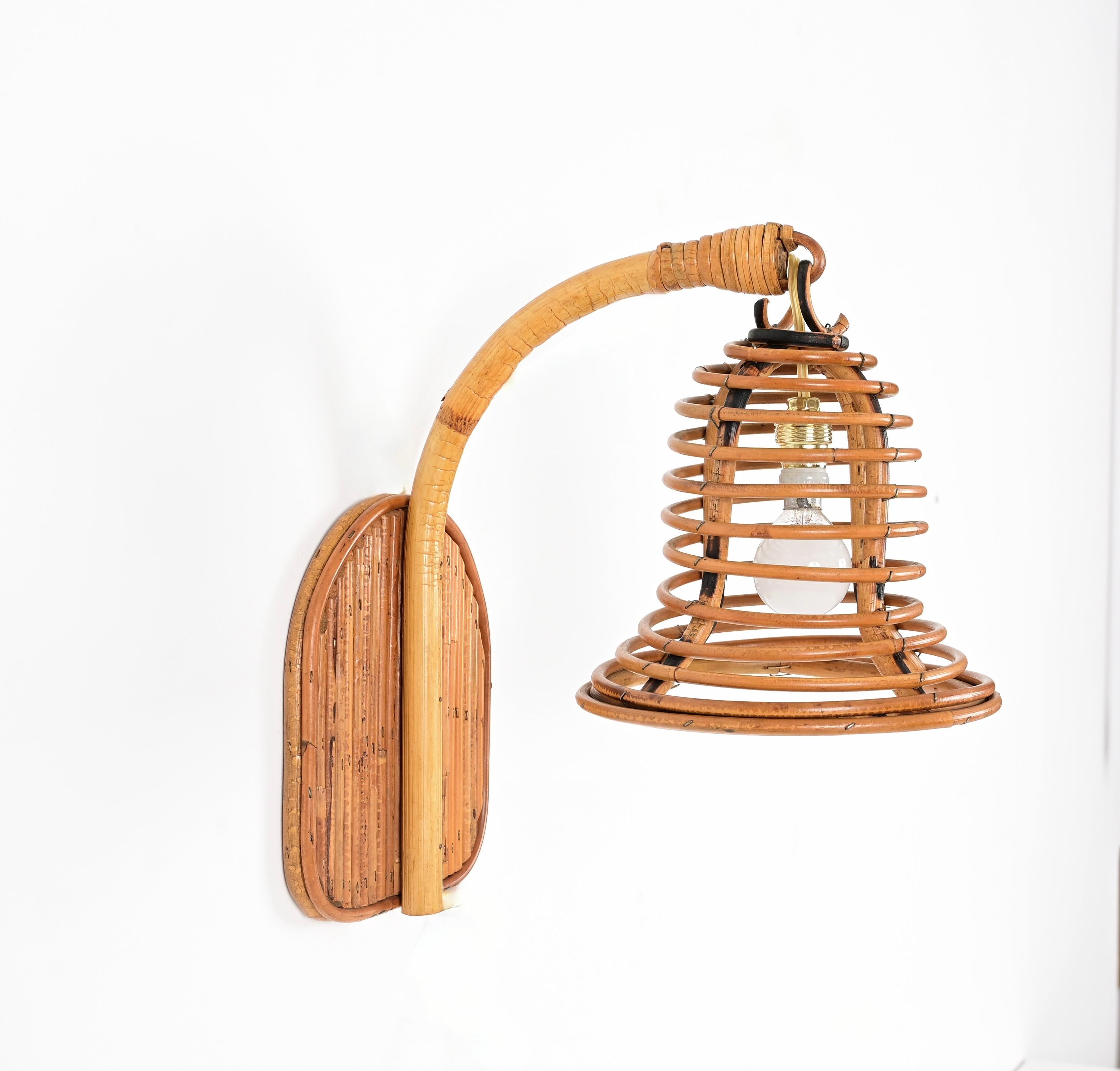 Mid-Century Modern French Riviera Bell-Shaped Rattan and Wicker Sconce, Louis Sognot, France 1960s