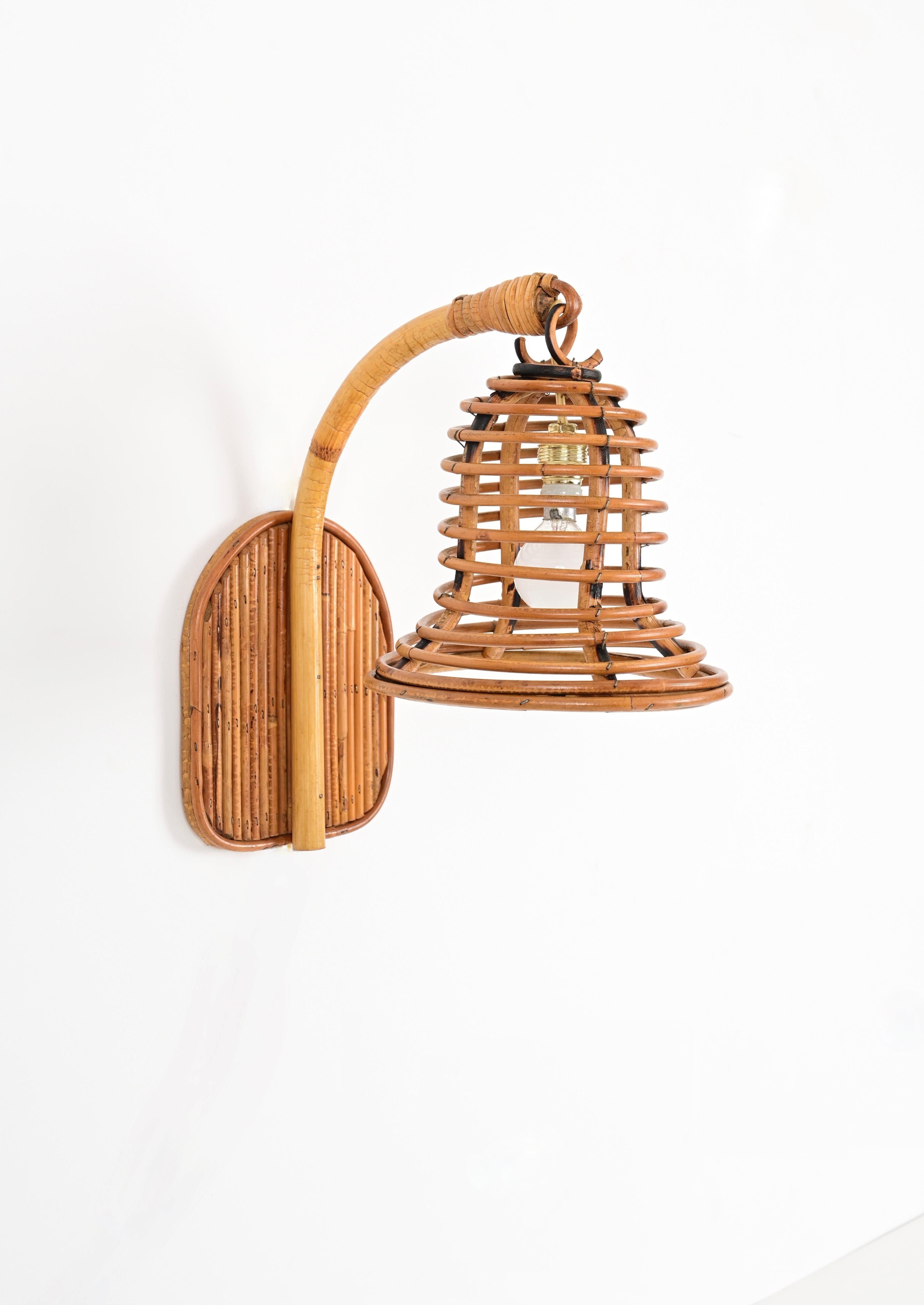 Hand-Crafted French Riviera Bell-Shaped Rattan and Wicker Sconce, Louis Sognot, France 1960s