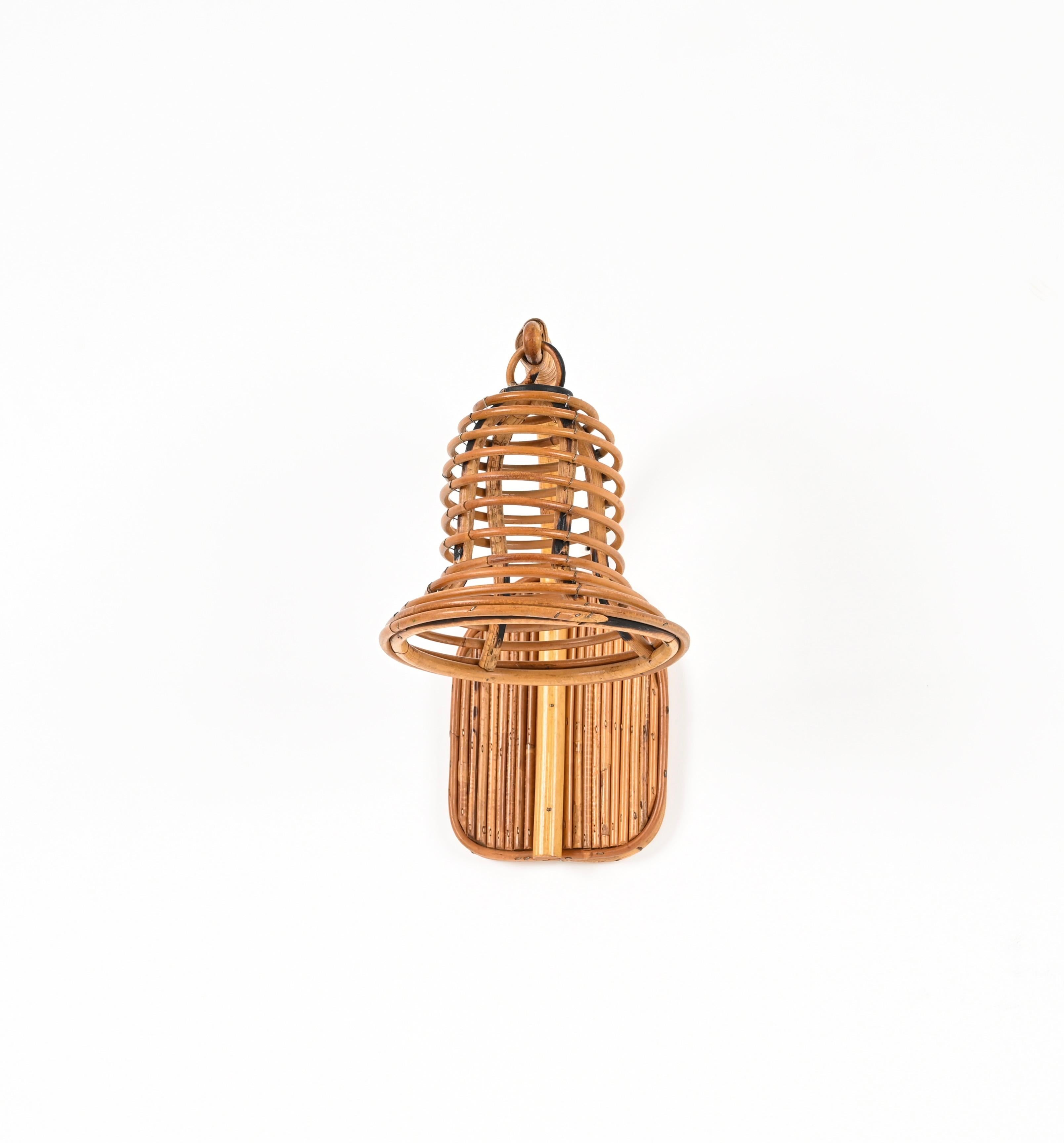 Bamboo French Riviera Bell-Shaped Rattan and Wicker Sconce, Louis Sognot, France 1960s