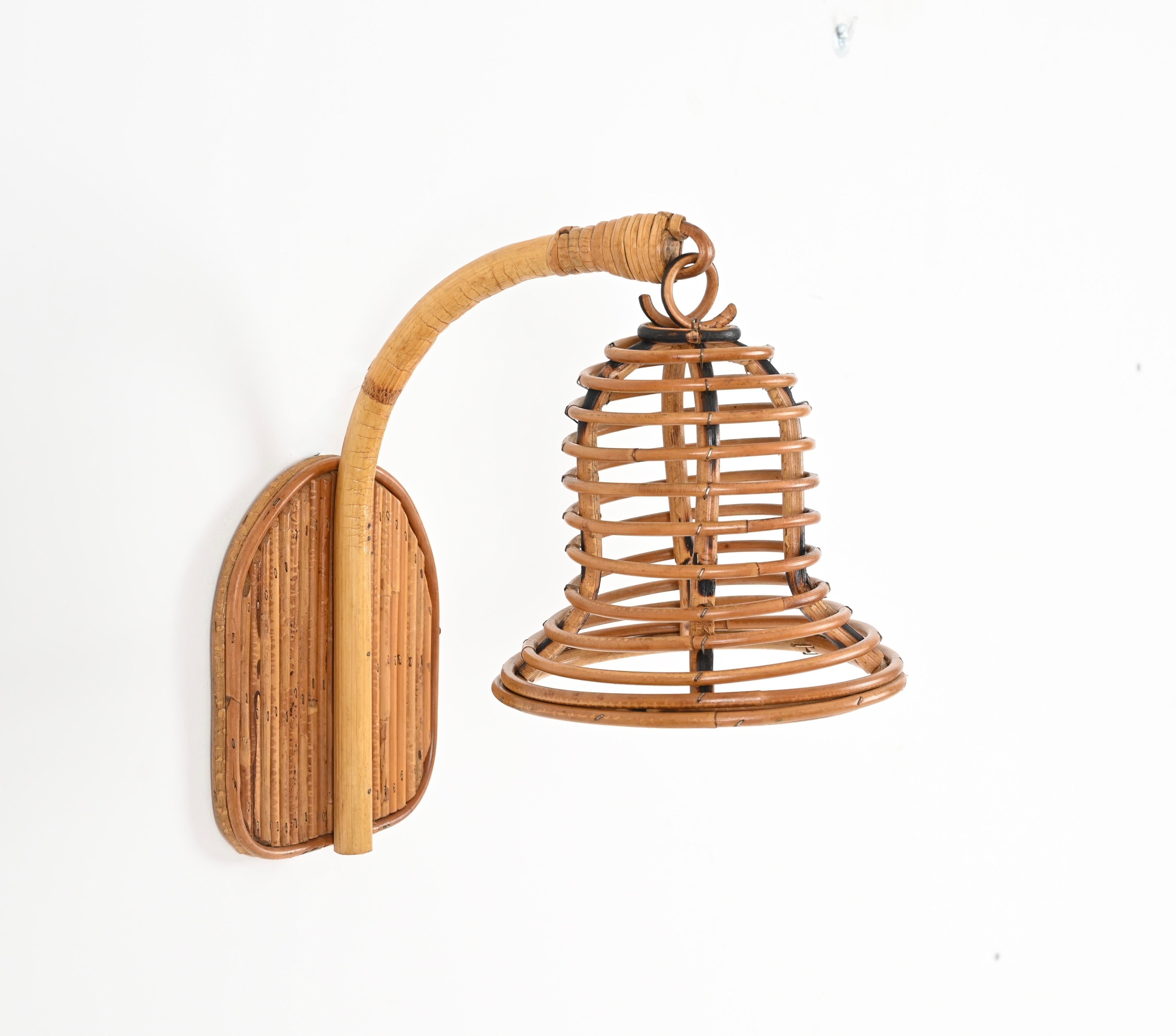 French Riviera Bell-Shaped Rattan and Wicker Sconce, Louis Sognot, France 1960s 1