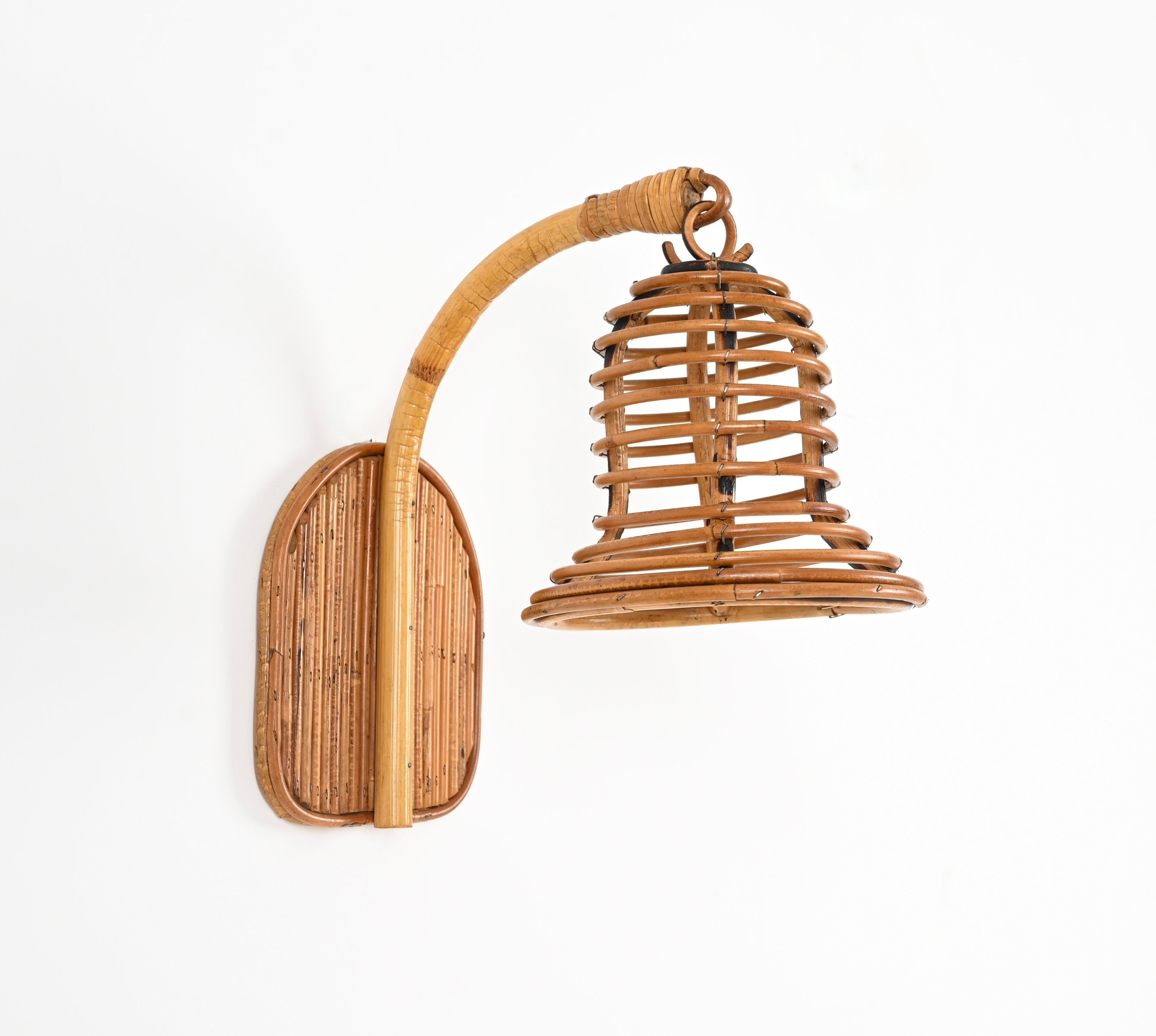 French Riviera Bell-Shaped Rattan and Wicker Sconce, Louis Sognot, France 1960s 2