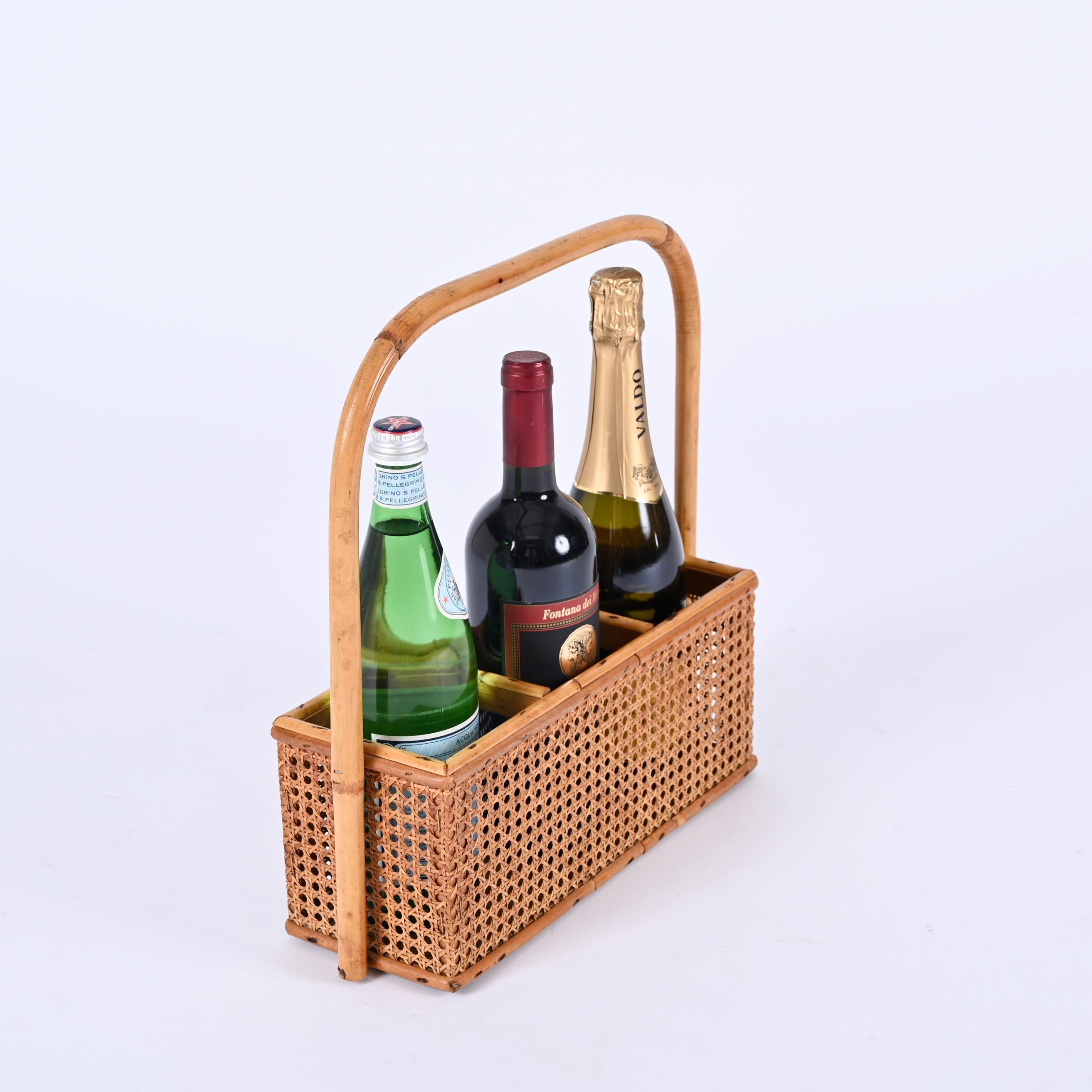 French Riviera Bottle Holder in Bamboo, Rattan and Vienna Straw, Italy, 1970s 5