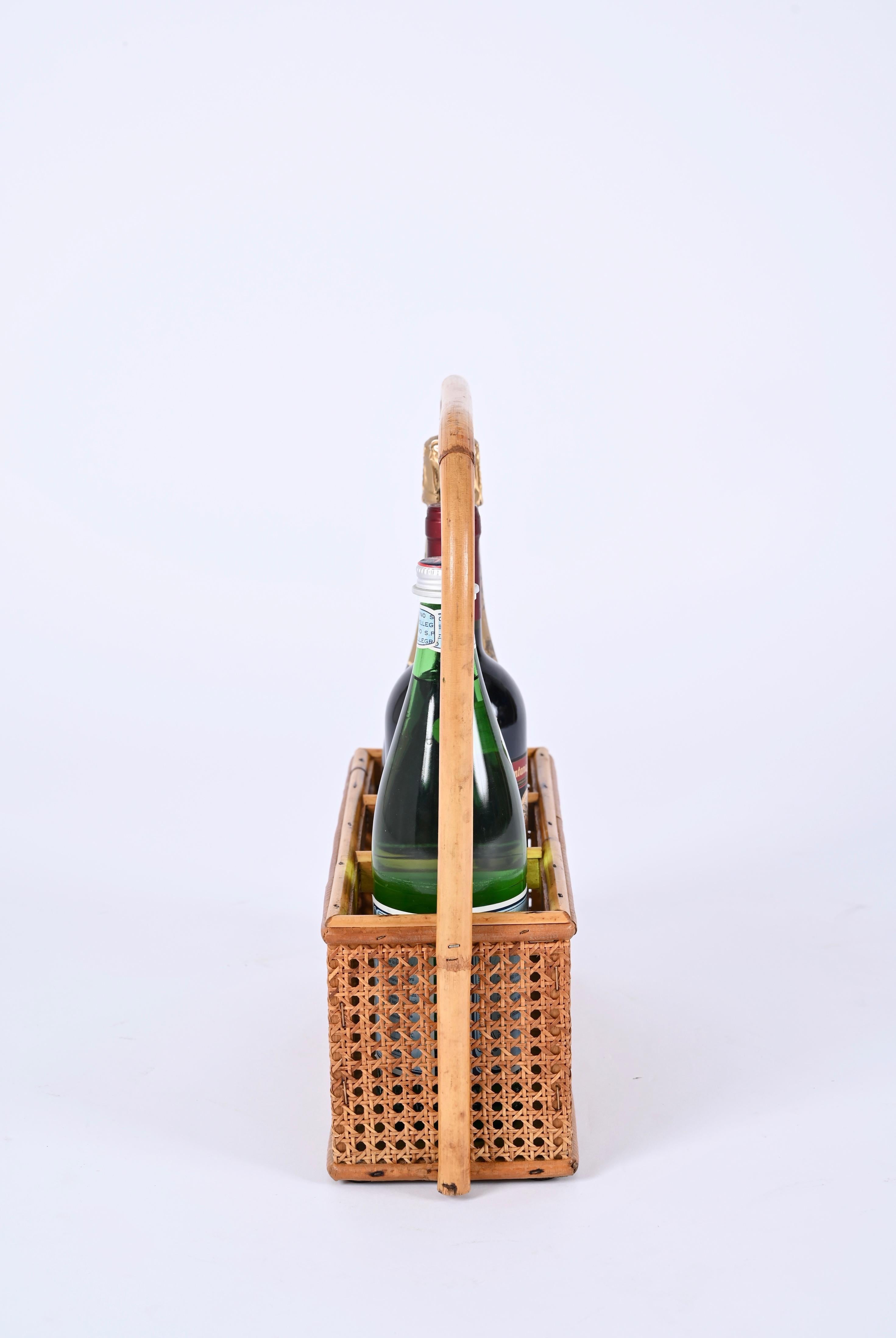 French Riviera Bottle Holder in Bamboo, Rattan and Vienna Straw, Italy, 1970s 6