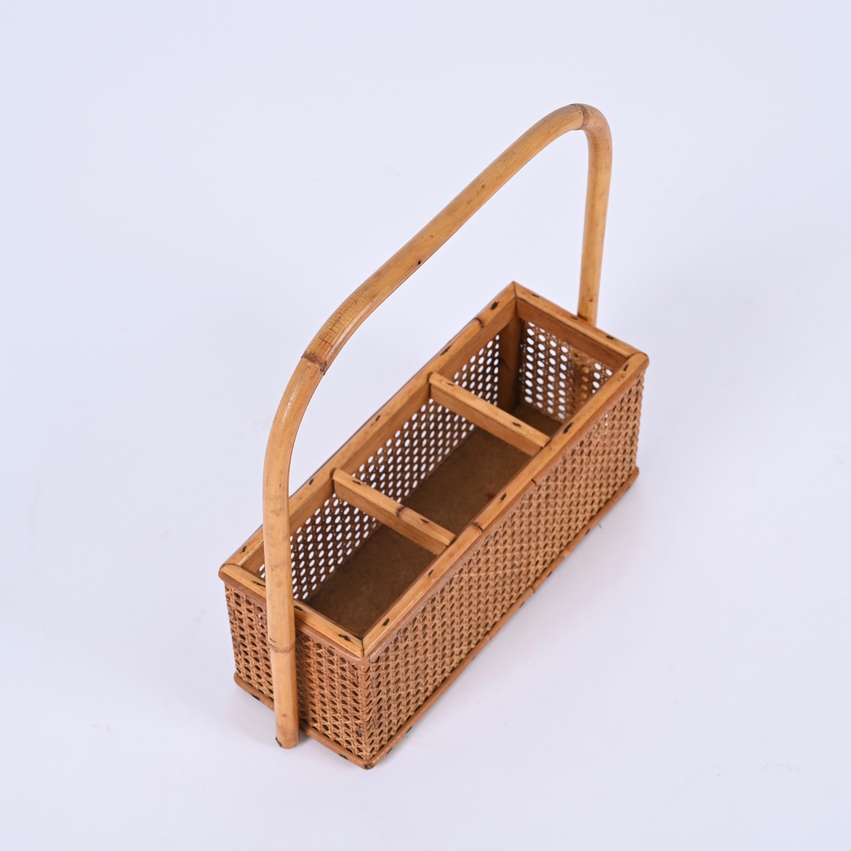 French Riviera Bottle Holder in Bamboo, Rattan and Vienna Straw, Italy, 1970s 7
