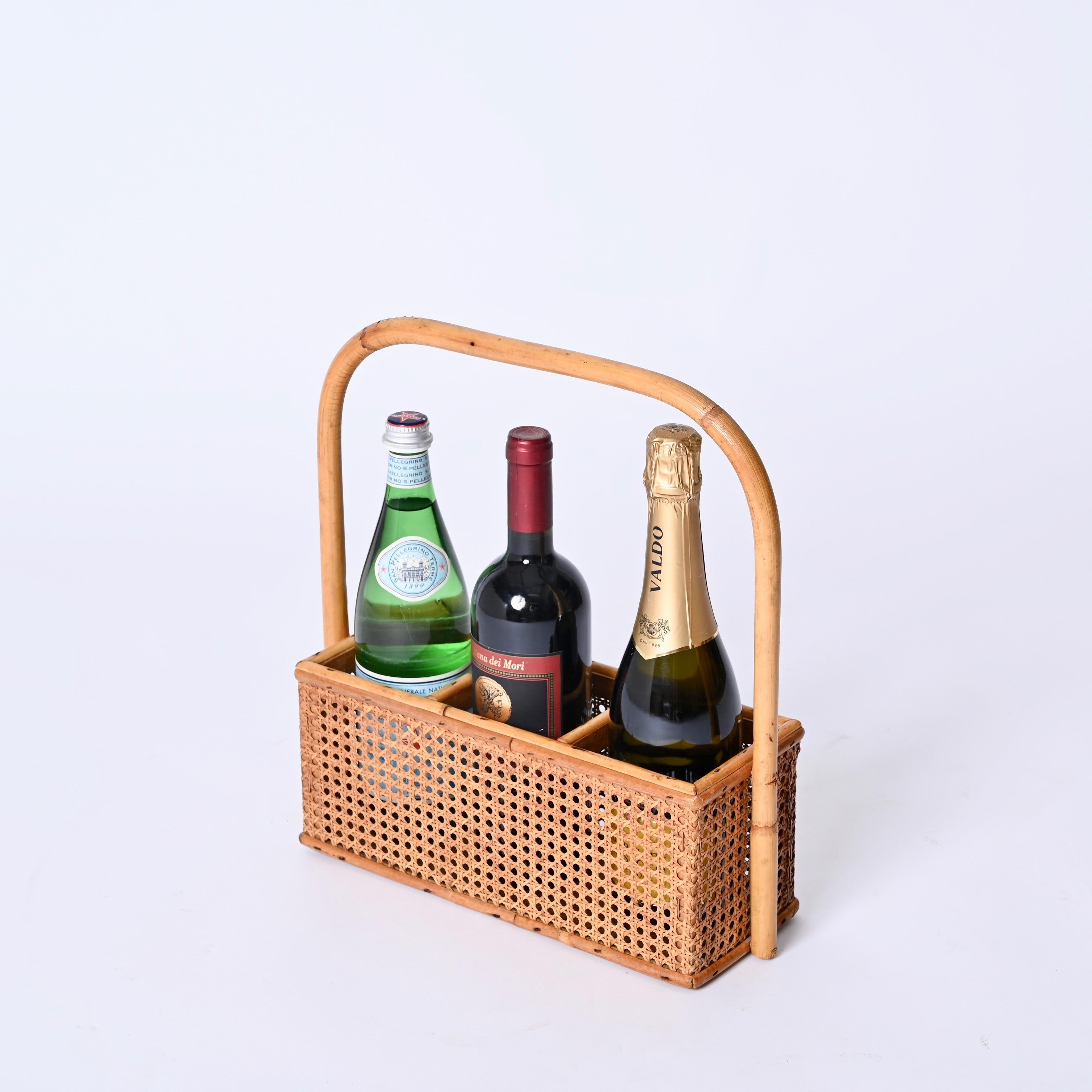 Mid-Century Modern French Riviera Bottle Holder in Bamboo, Rattan and Vienna Straw, Italy, 1970s