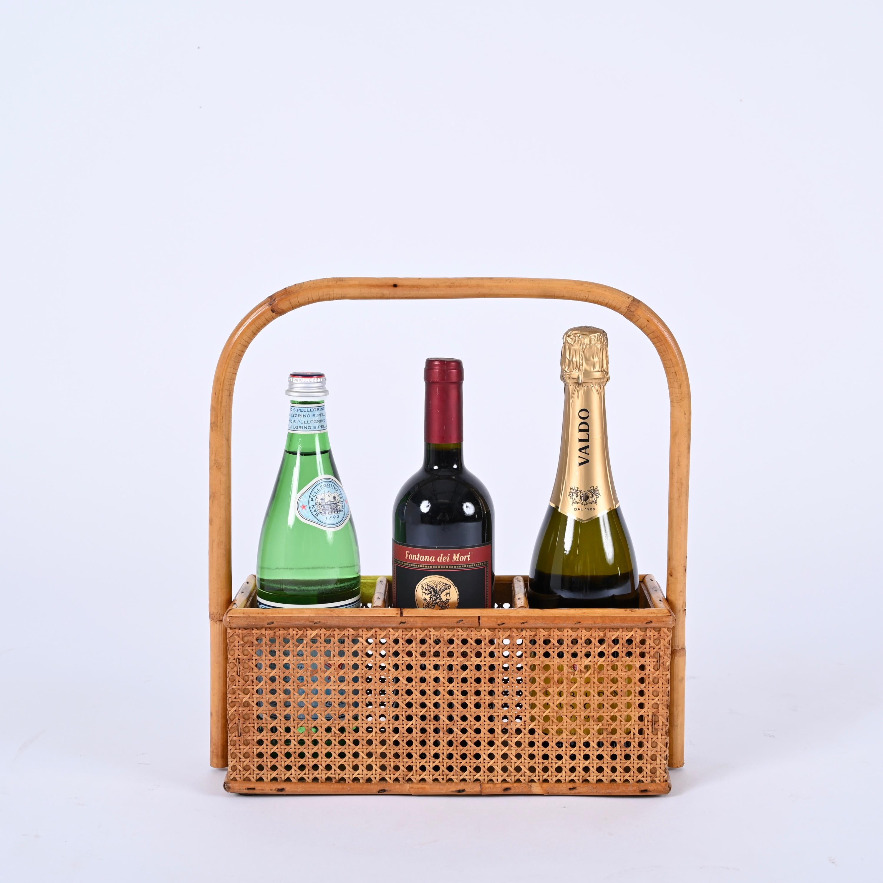 Hand-Crafted French Riviera Bottle Holder in Bamboo, Rattan and Vienna Straw, Italy, 1970s