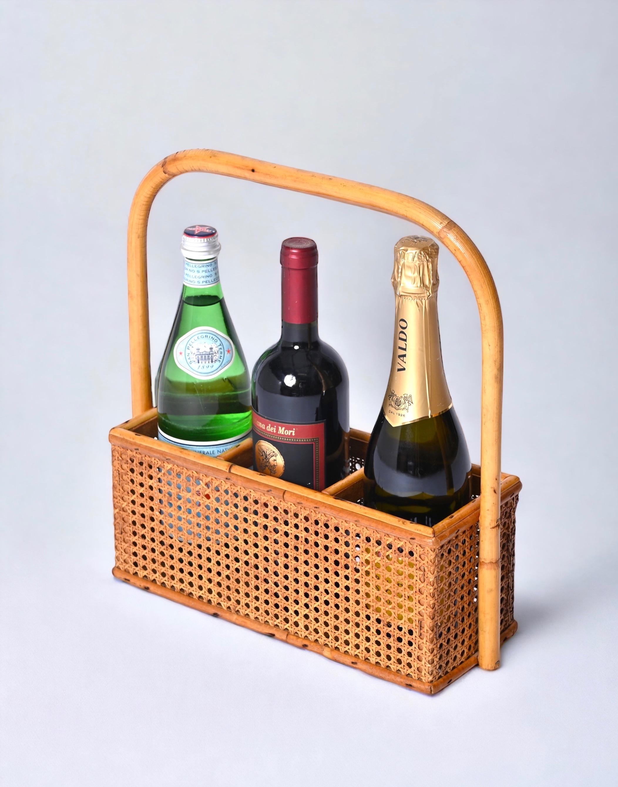 French Riviera Bottle Holder in Bamboo, Rattan and Vienna Straw, Italy, 1970s In Good Condition In Roma, IT
