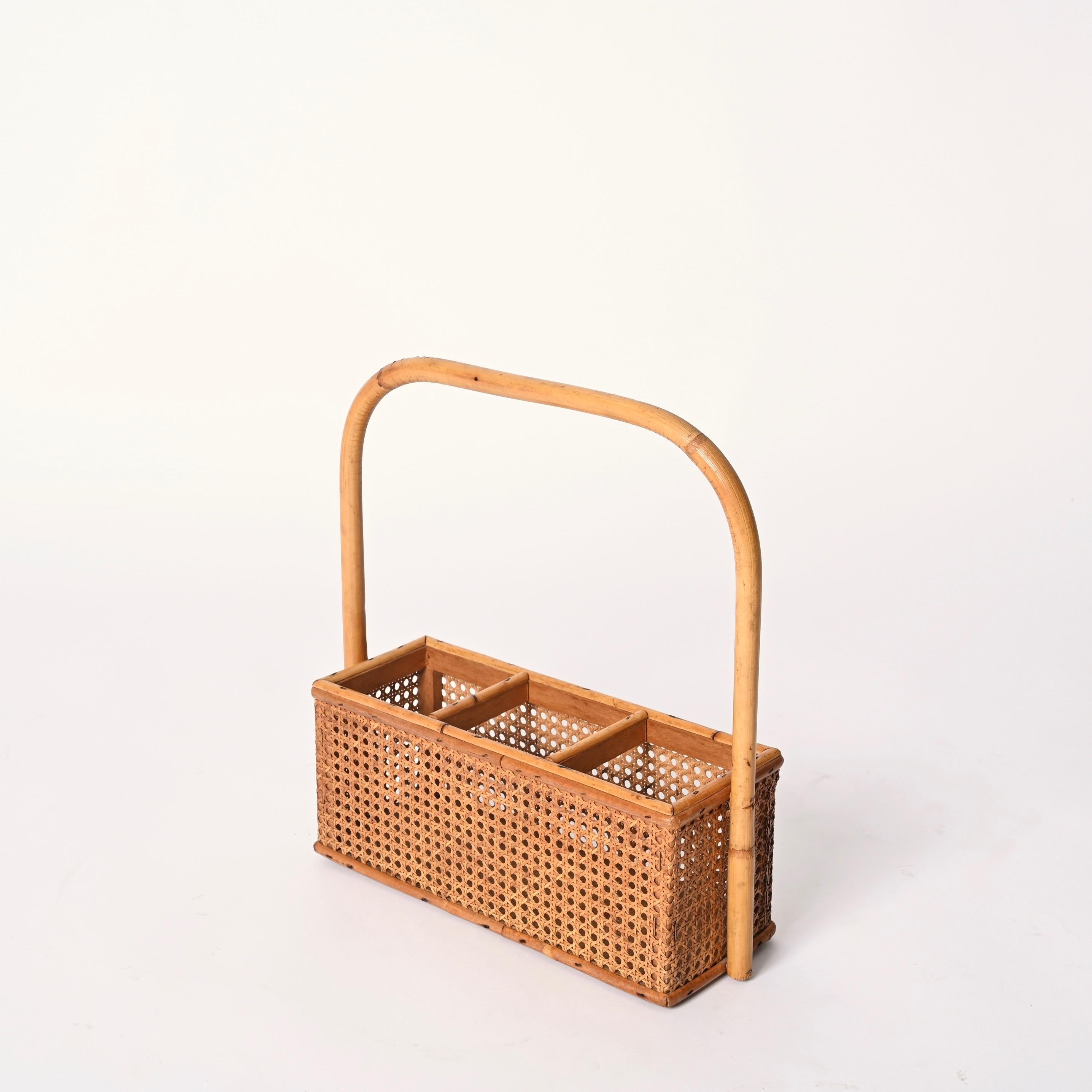 Mid-20th Century French Riviera Bottle Holder in Bamboo, Rattan and Vienna Straw, Italy, 1970s