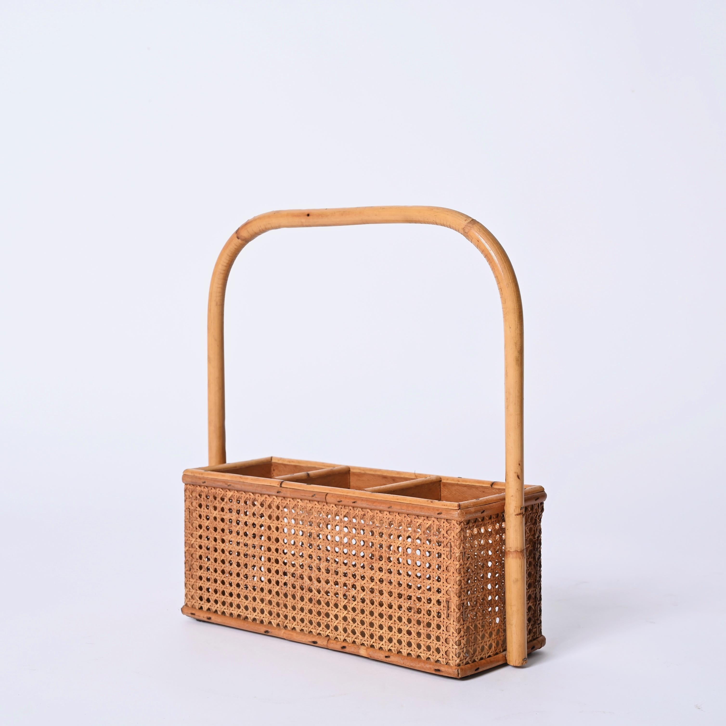 French Riviera Bottle Holder in Bamboo, Rattan and Vienna Straw, Italy, 1970s 1