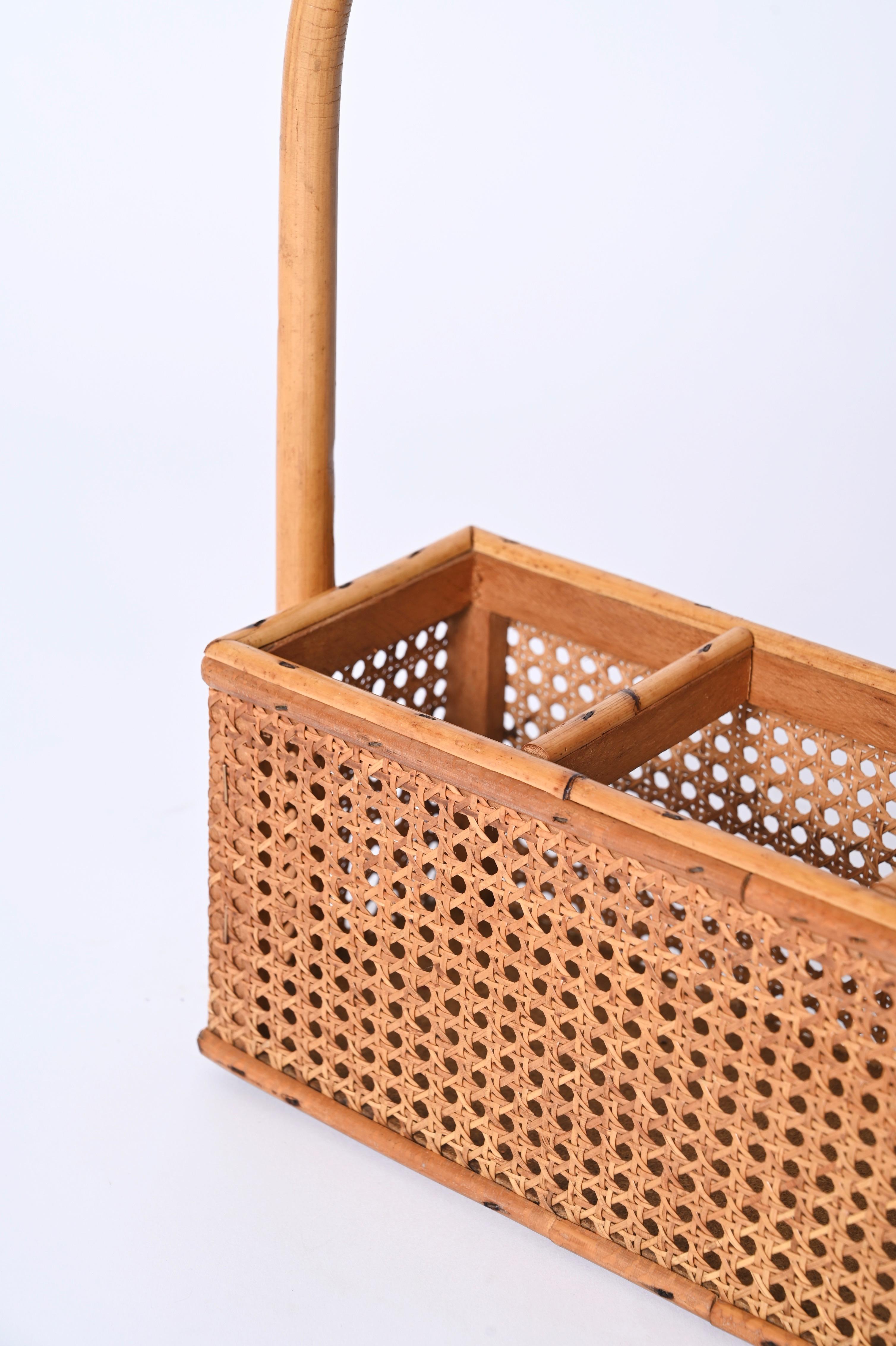 French Riviera Bottle Holder in Bamboo, Rattan and Vienna Straw, Italy, 1970s 2