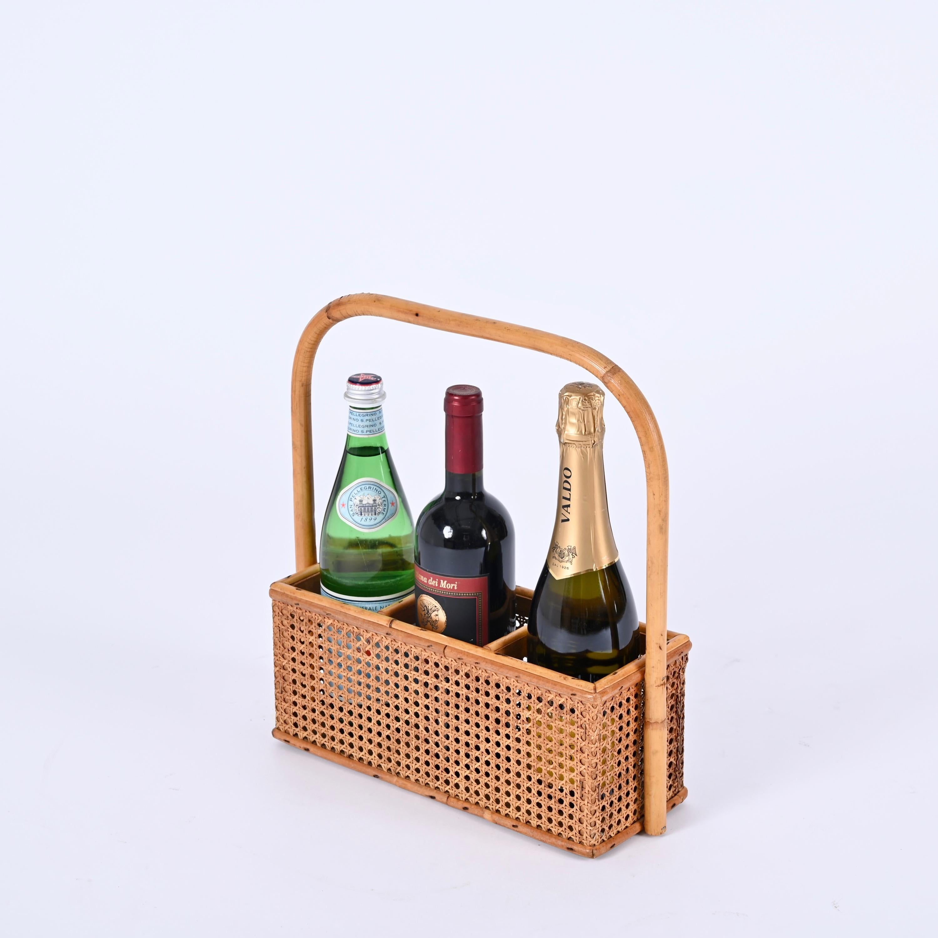 French Riviera Bottle Holder in Bamboo, Rattan and Vienna Straw, Italy, 1970s 3