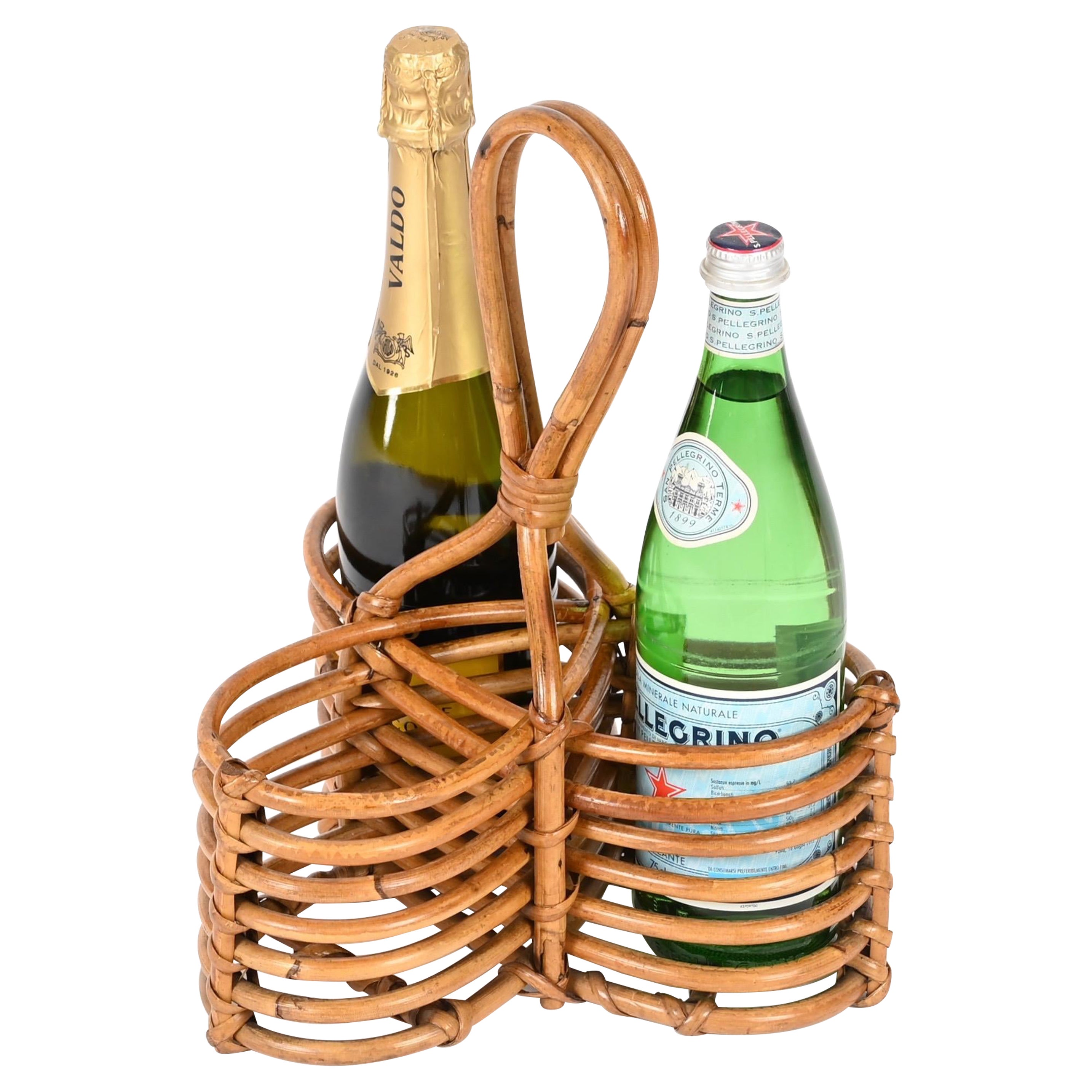 Porte-bouteilles Côte d'Azur en bambou incurvé et osier, Italie, années 1970